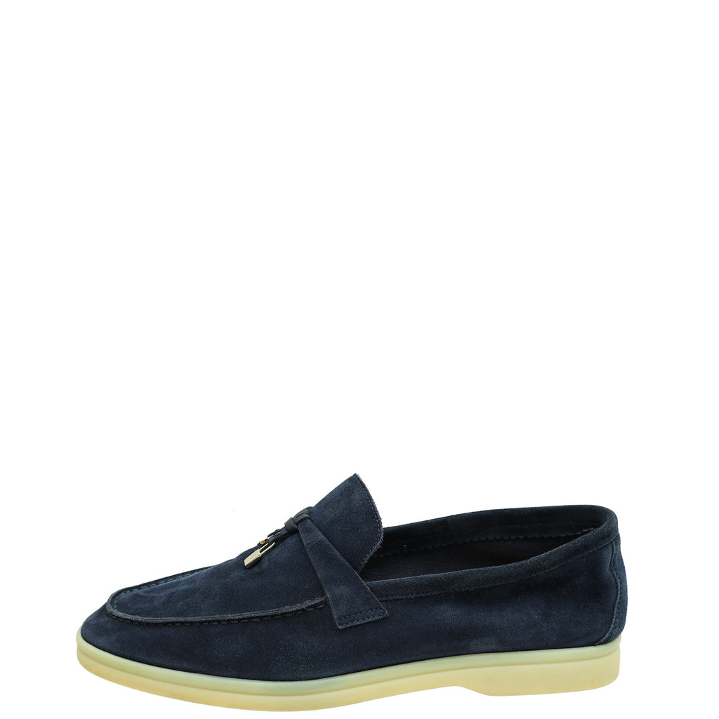 Loro Piana True Dark Blue Suede Summer Charms Walk Loafers 40