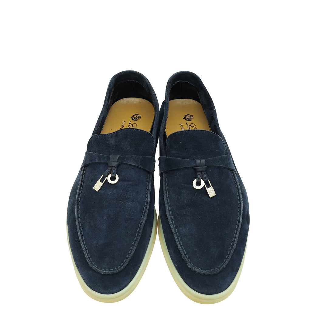 Loro Piana True Dark Blue Suede Summer Charms Walk Loafers 40
