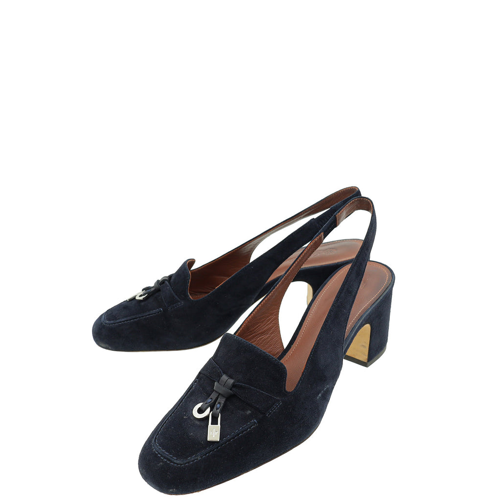 Loro Piana Navy Blue Charms Slingback 36.5