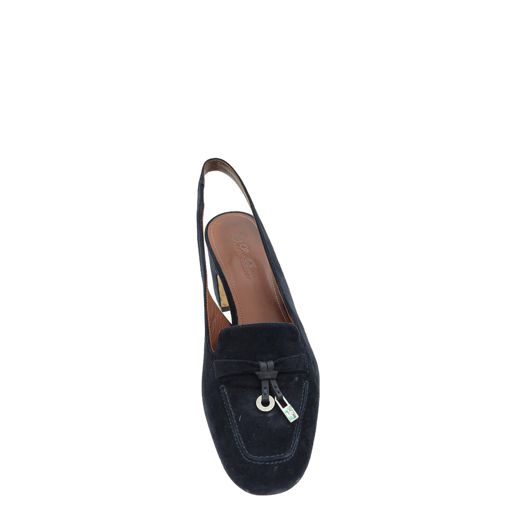 Loro Piana Navy Blue Charms Slingback 36.5