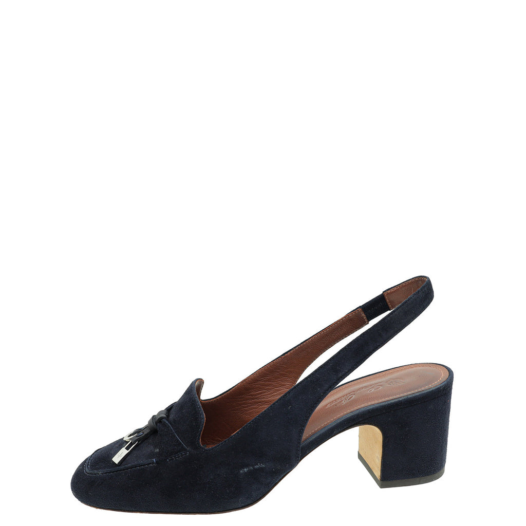 Loro Piana Navy Blue Charms Slingback 36.5