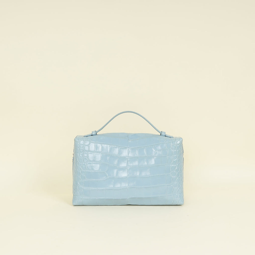 Loro Piana Blue Celadon Extra Pocket L27 Soft Shiny Alligator Bag