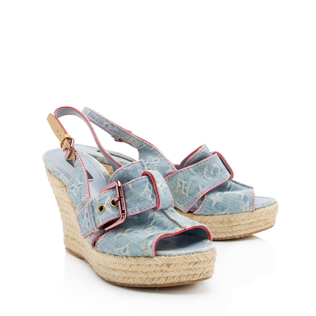 Louis Vuitton Limited Edition Monogram Denim Rosa Espadrille Wedges - Size 8.5 / 38.5