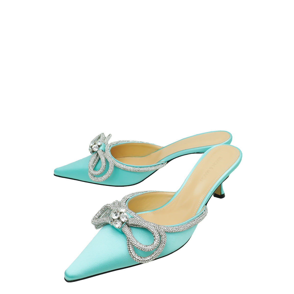 Mach & Mach Mint Green Satin Double Bow Crystal Mules 40