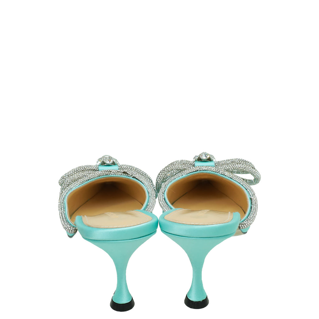 Mach & Mach Mint Green Satin Double Bow Crystal Mules 40