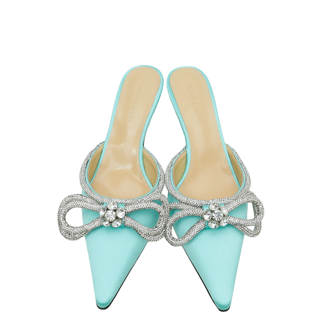 Mach & Mach Mint Green Satin Double Bow Crystal Mules 40