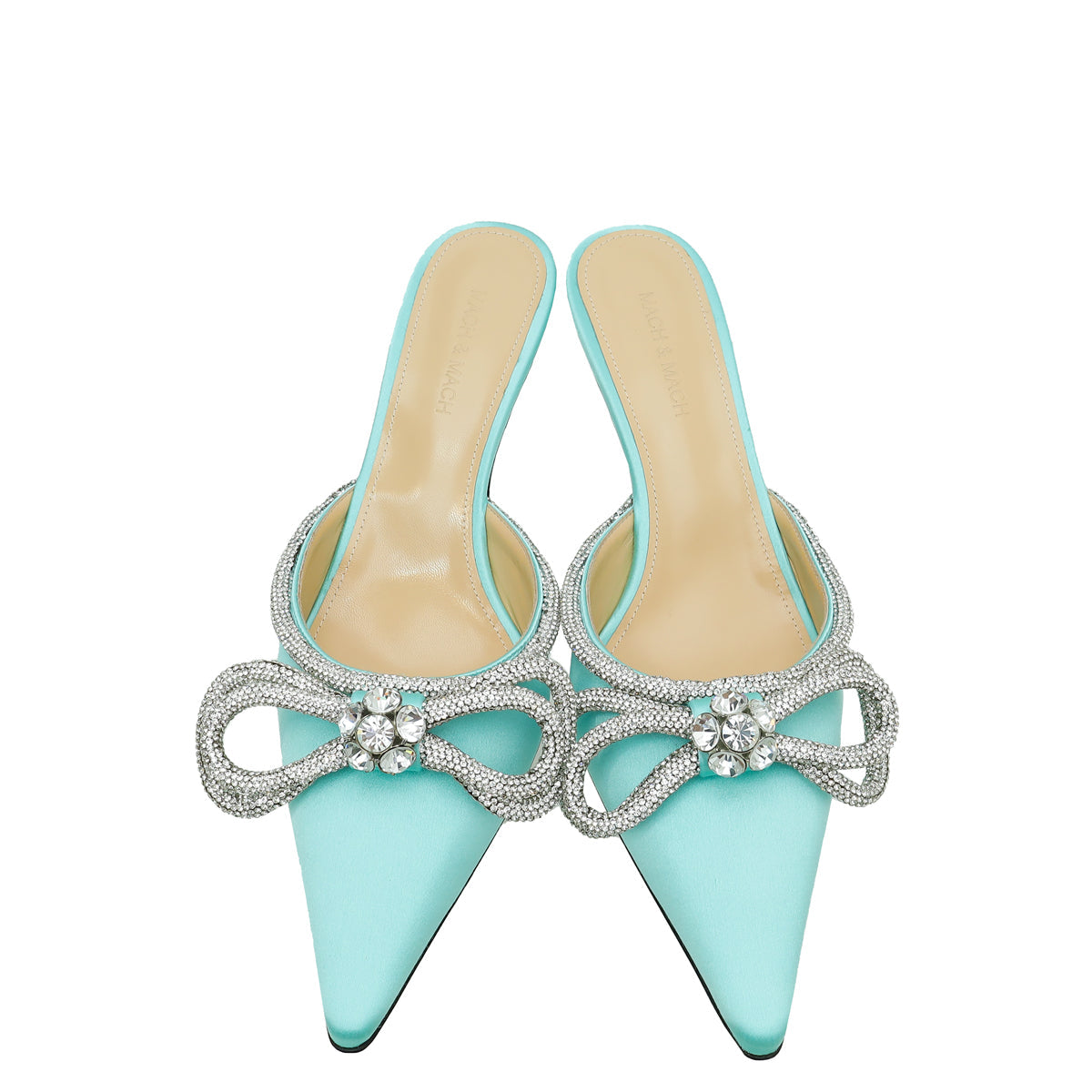 Mach & Mach Mint Green Satin Double Bow Crystal Mules 40