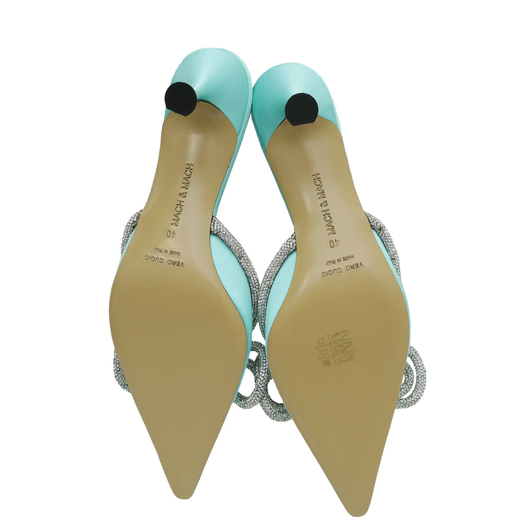 Mach & Mach Mint Green Satin Double Bow Crystal Mules 40