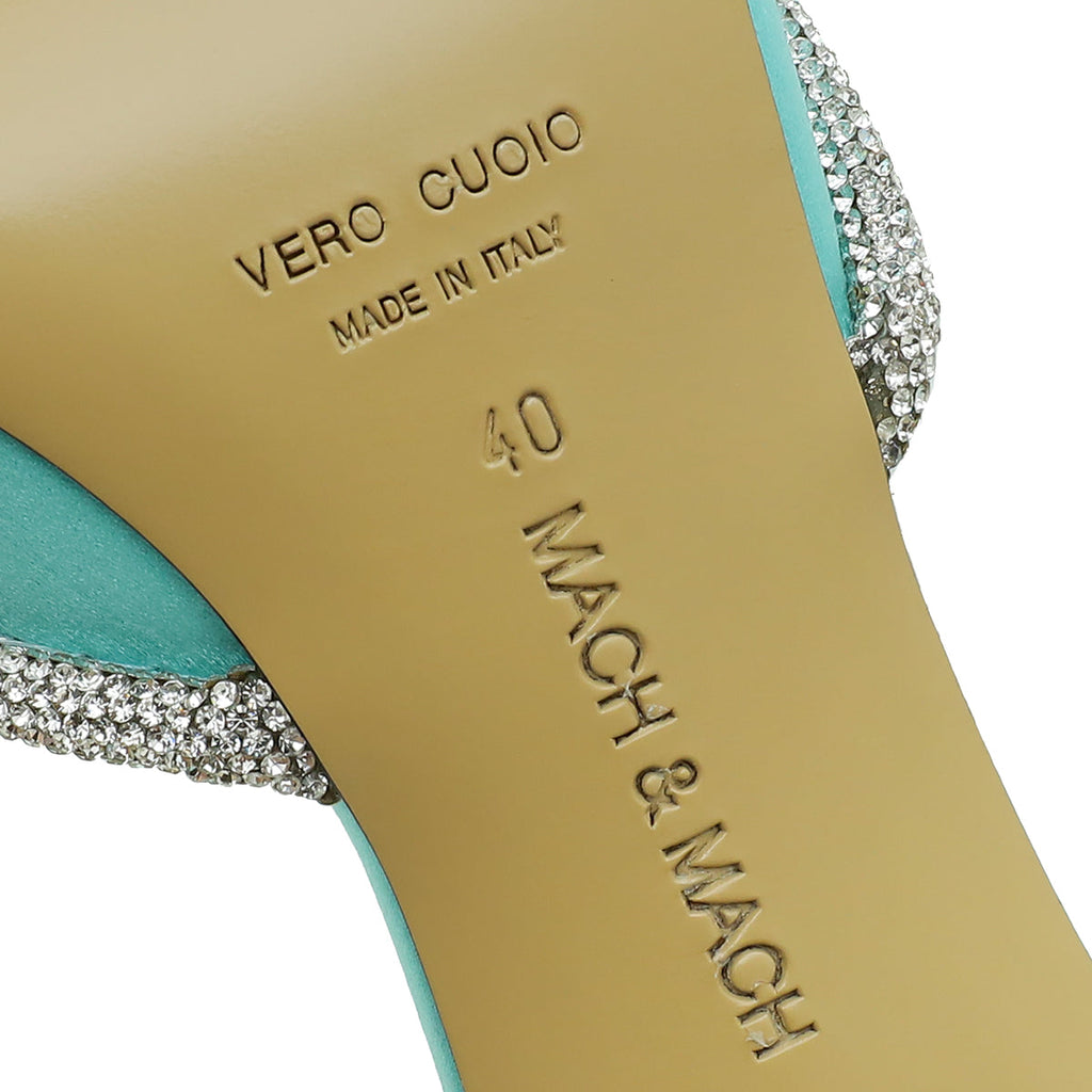 Mach & Mach Mint Green Satin Double Bow Crystal Mules 40