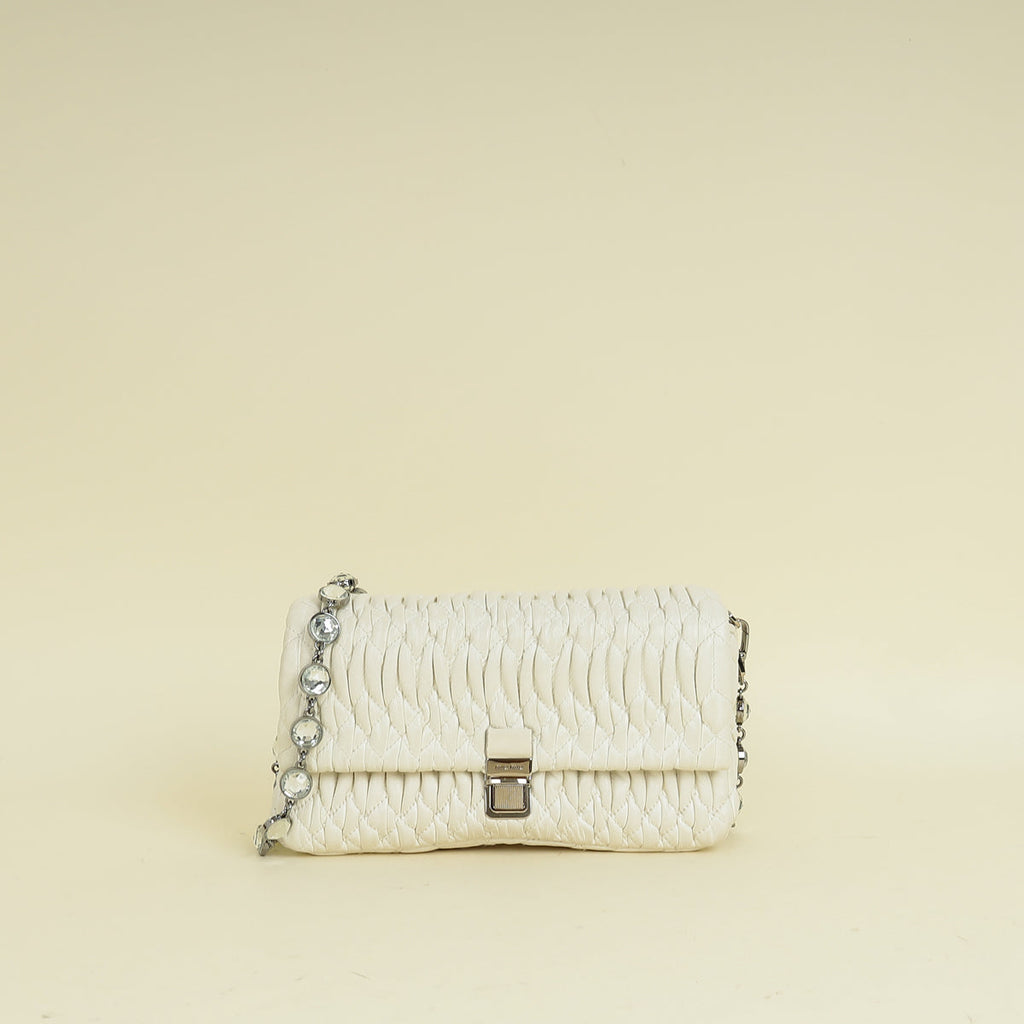 Miu Miu White Nappa Matelasse Crystal Shoulder Bag