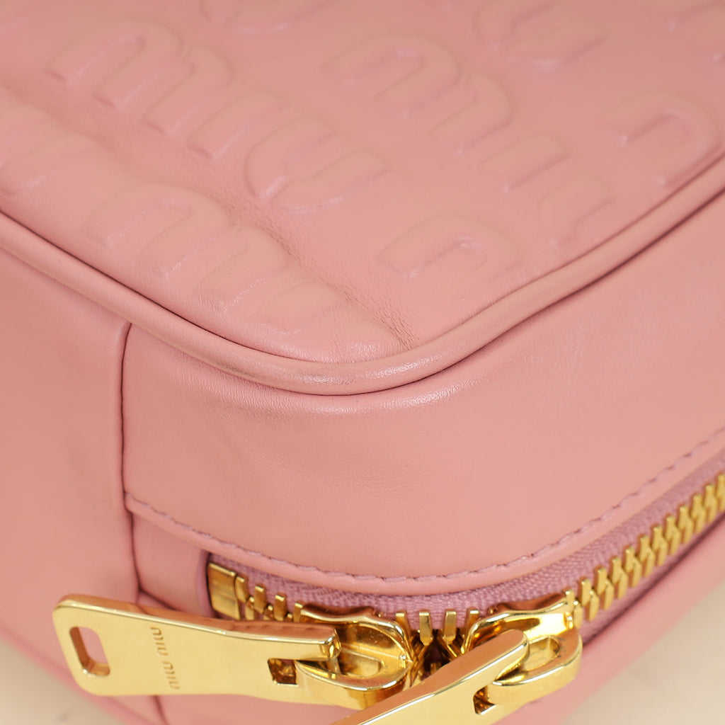 Miu Miu Pink Softy Logo Embossed Chain Shoulder Bag