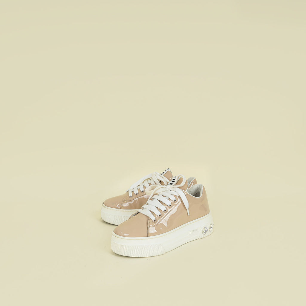 Miu Miu Beige Platform w/Crystal Lace Up Sneakers 35