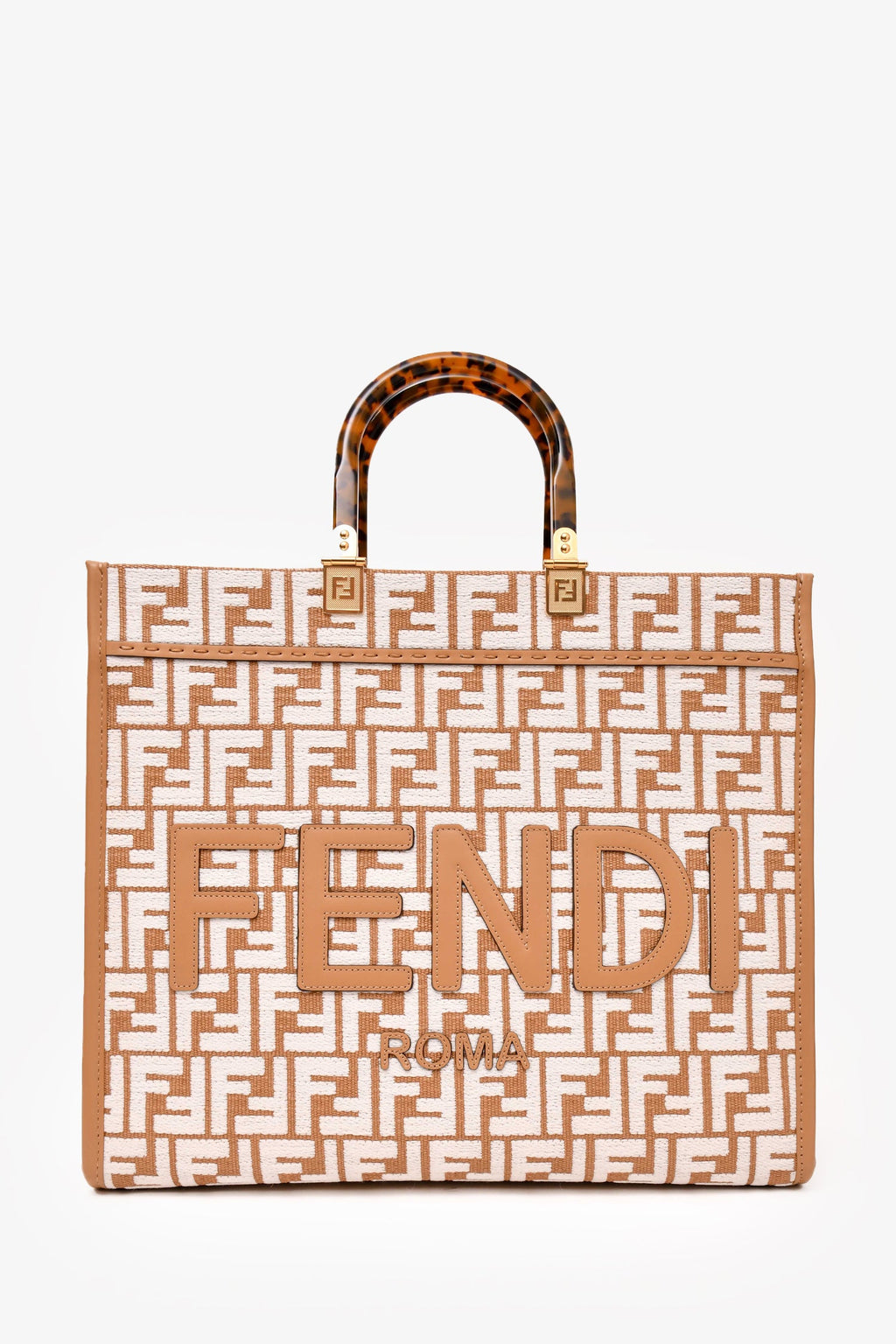 Fendi Brown/White Leather/Canvas FF Zucca Sunshine Shopping Tote With Strap