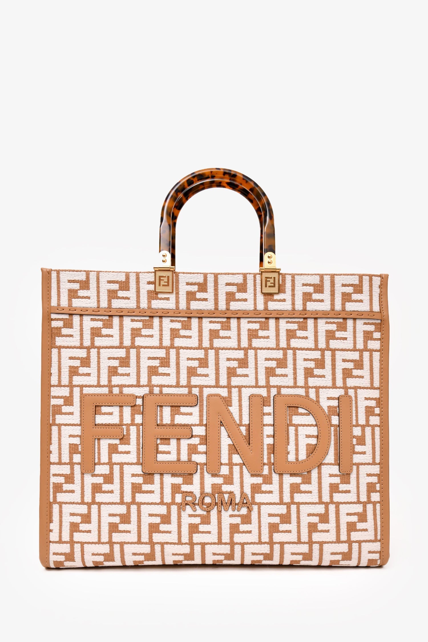 Fendi Brown/White Leather/Canvas FF Zucca Sunshine Shopping Tote With Strap