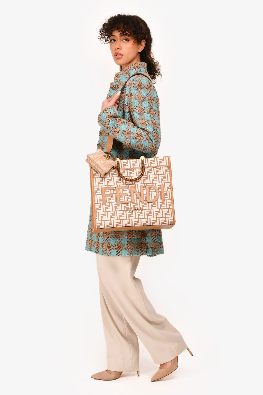 Fendi Brown/White Leather/Canvas FF Zucca Sunshine Shopping Tote With Strap