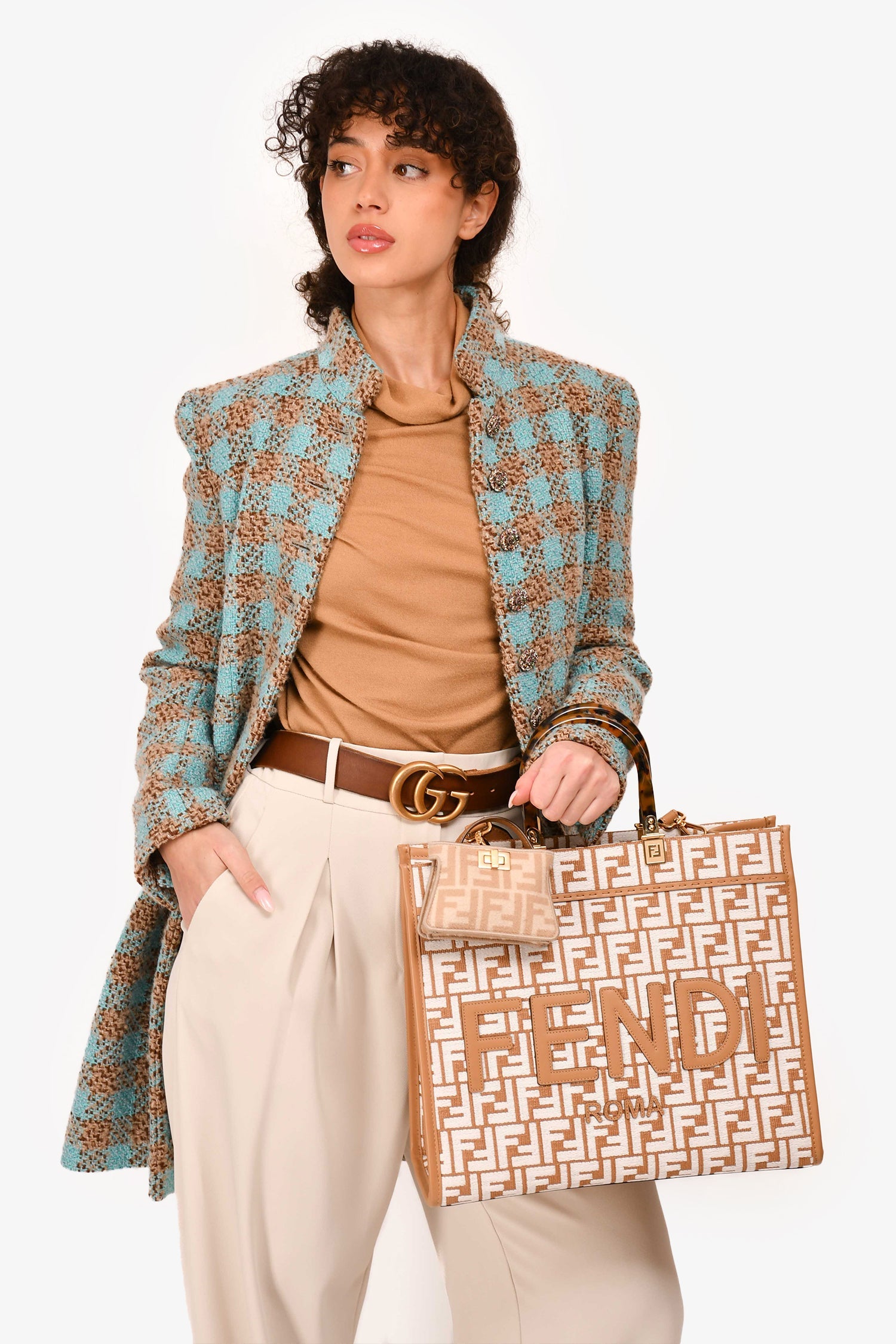 Fendi Brown/White Leather/Canvas FF Zucca Sunshine Shopping Tote With Strap