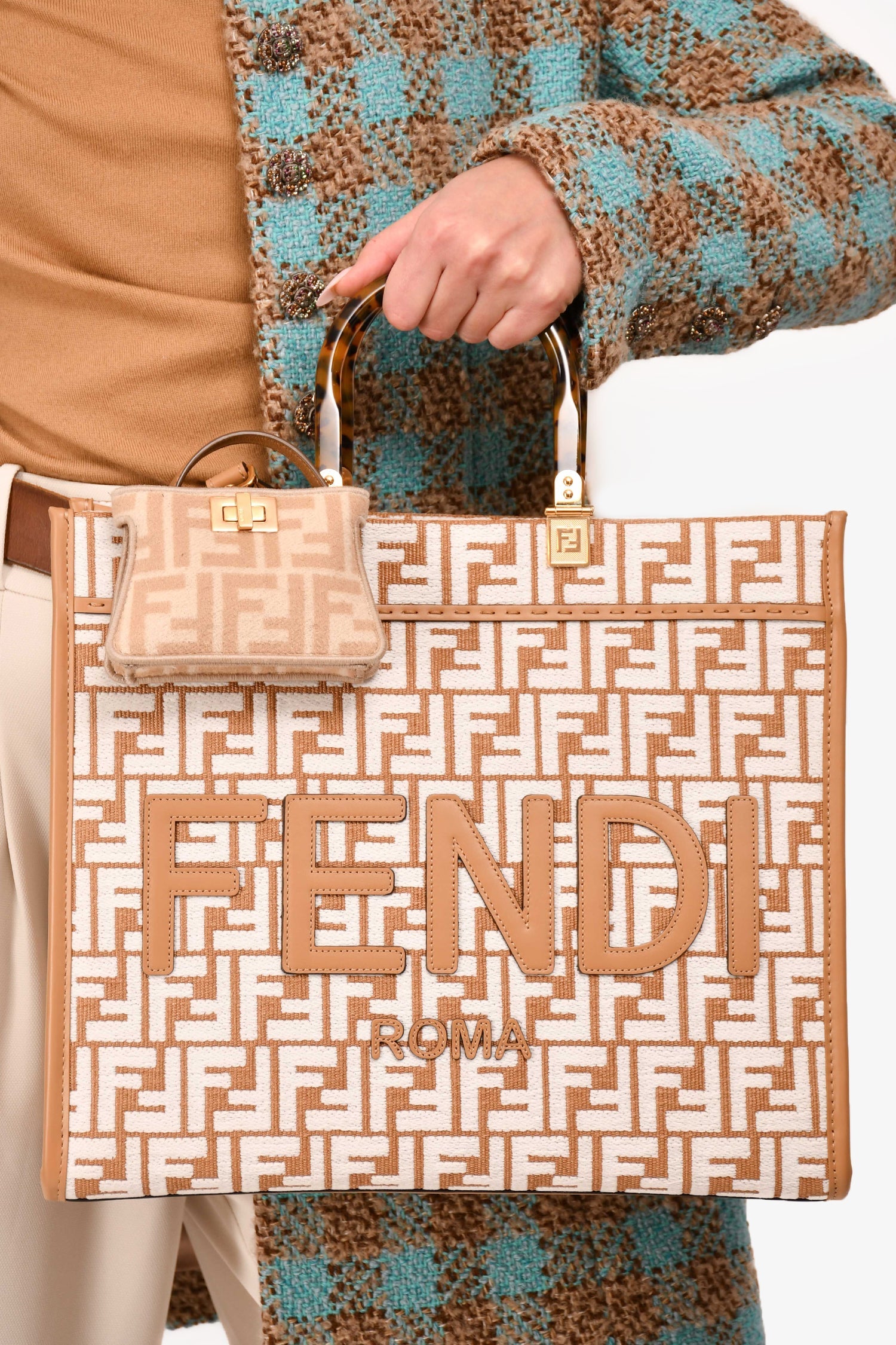 Fendi Brown/White Leather/Canvas FF Zucca Sunshine Shopping Tote With Strap