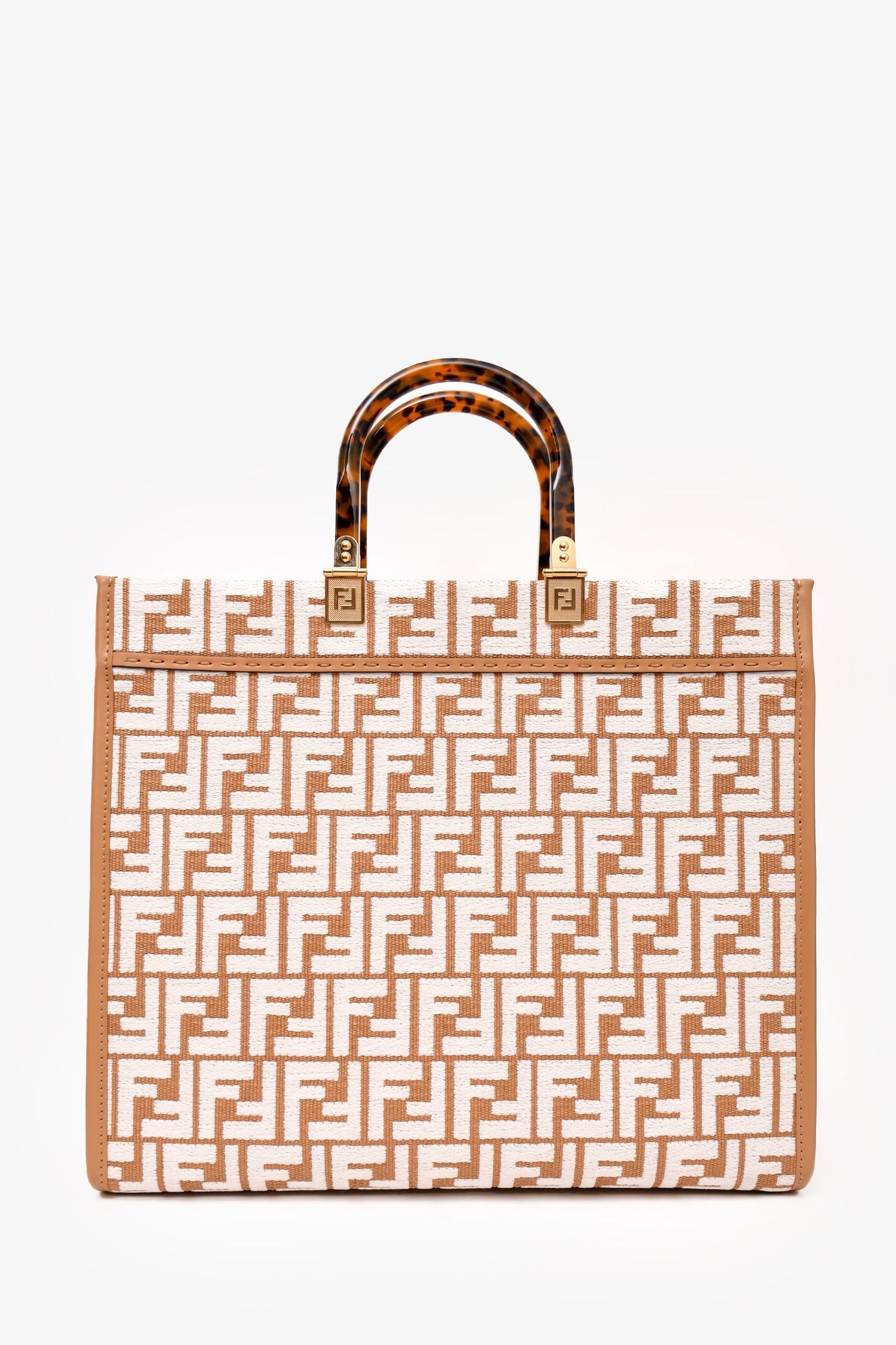 Fendi Brown/White Leather/Canvas FF Zucca Sunshine Shopping Tote With Strap