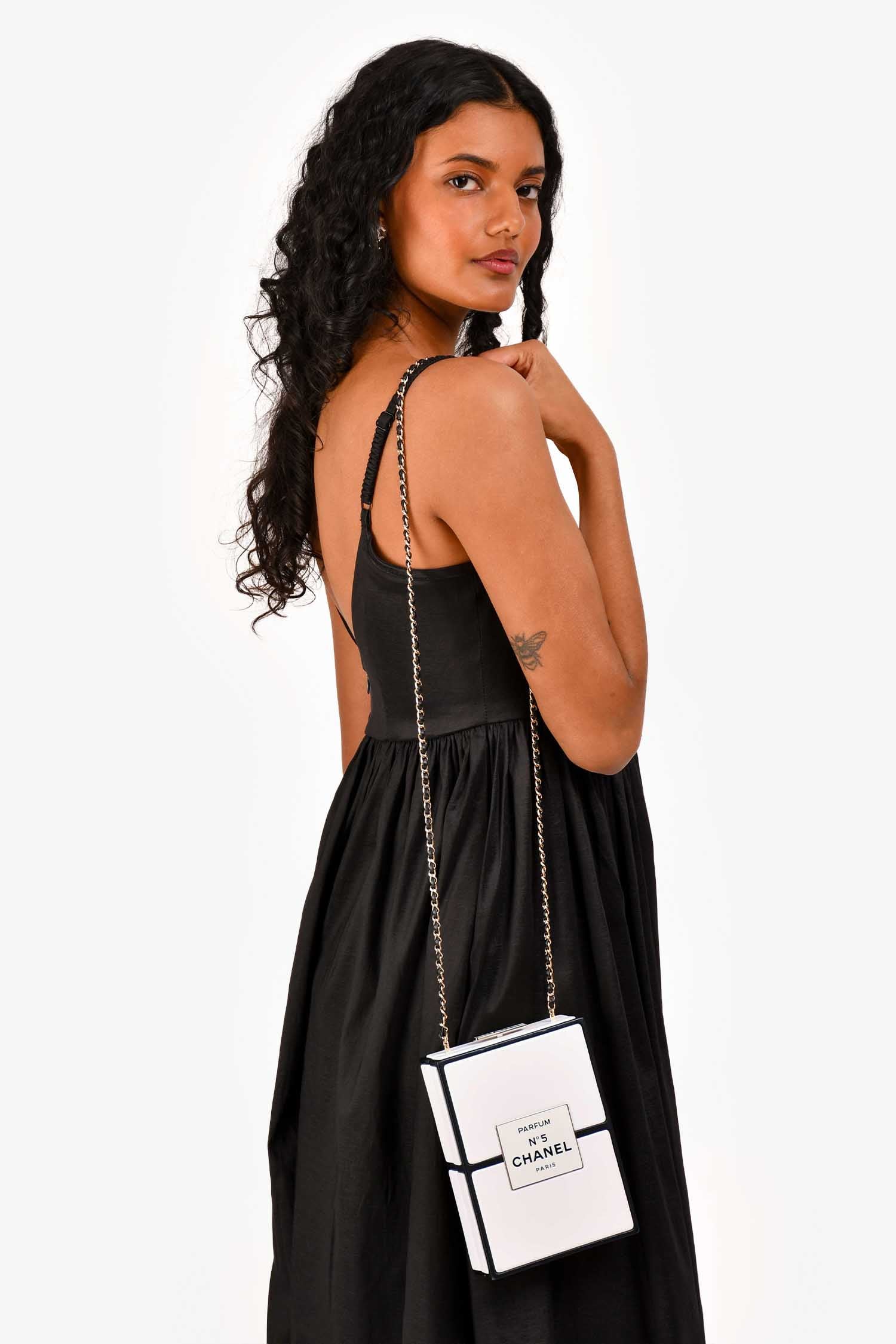 Chanel™ Black/White Leather No. 5 Perfume Clutch Evening Clutch