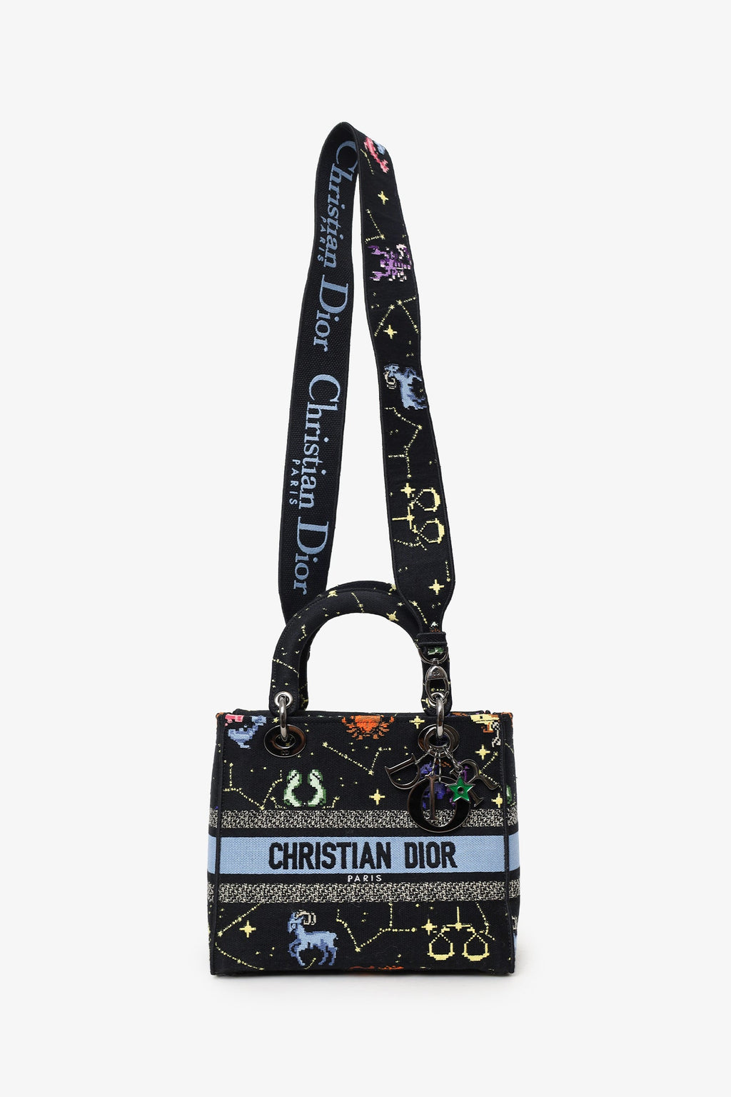 Christian Dior 2022 Black Canvas Pixel Zodiac Embroidered Medium Lady D-Lite With Strap