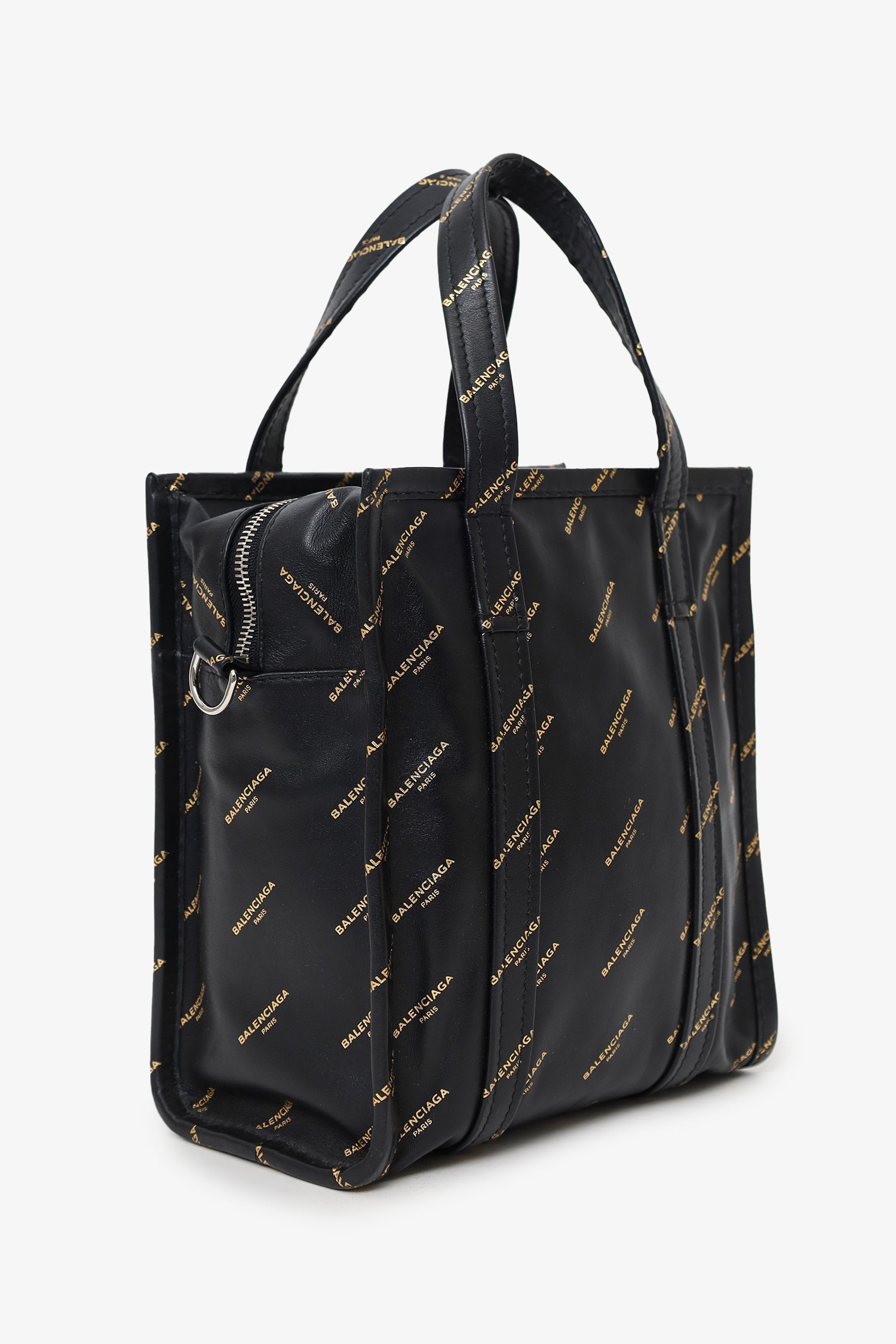 Balenciaga Black Leather/Gold Logo 'Bazar' XS Shopper Tote With Strap