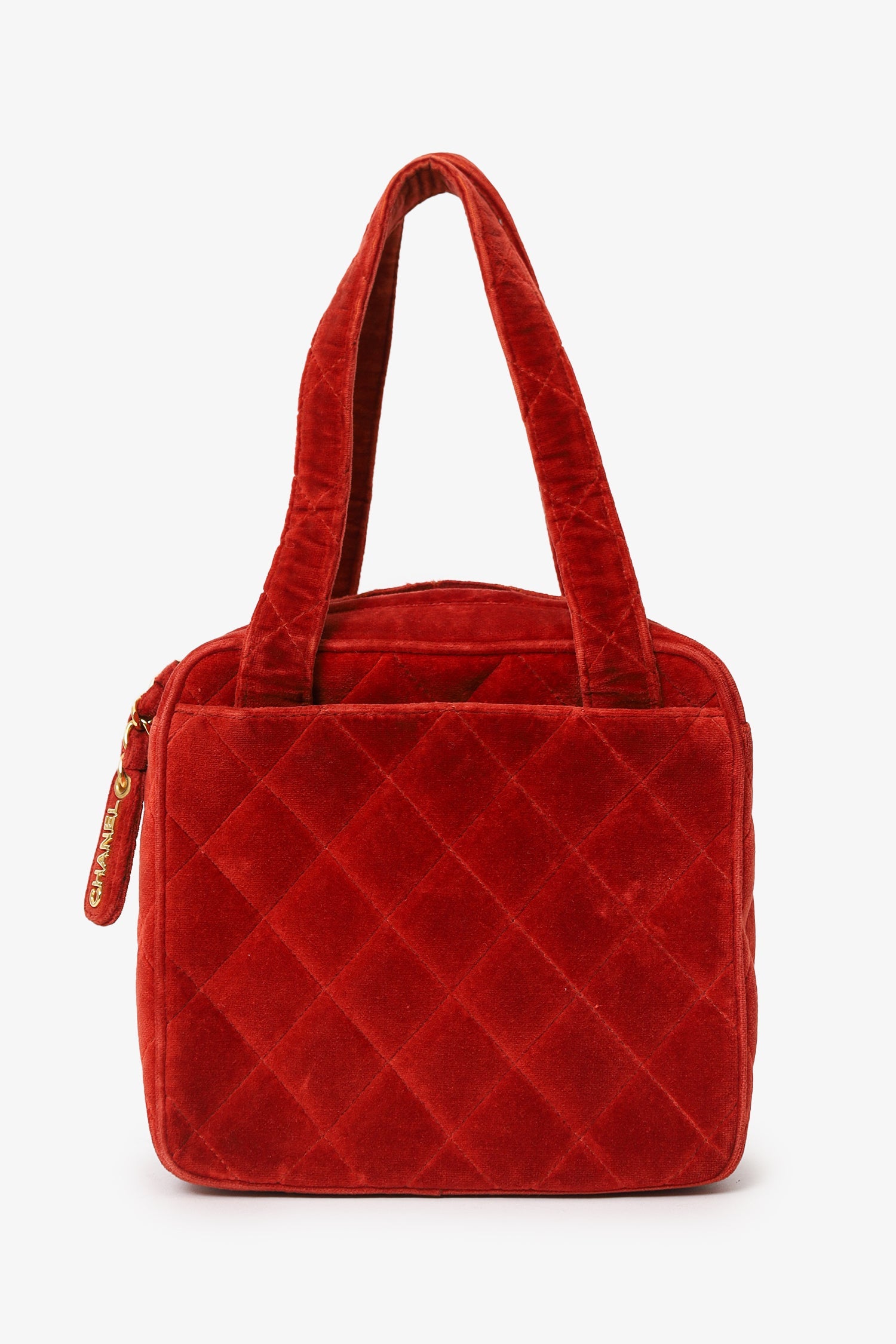Chanel™ 1996-97 Red Velvet Quilted Mini Square Tote Bag