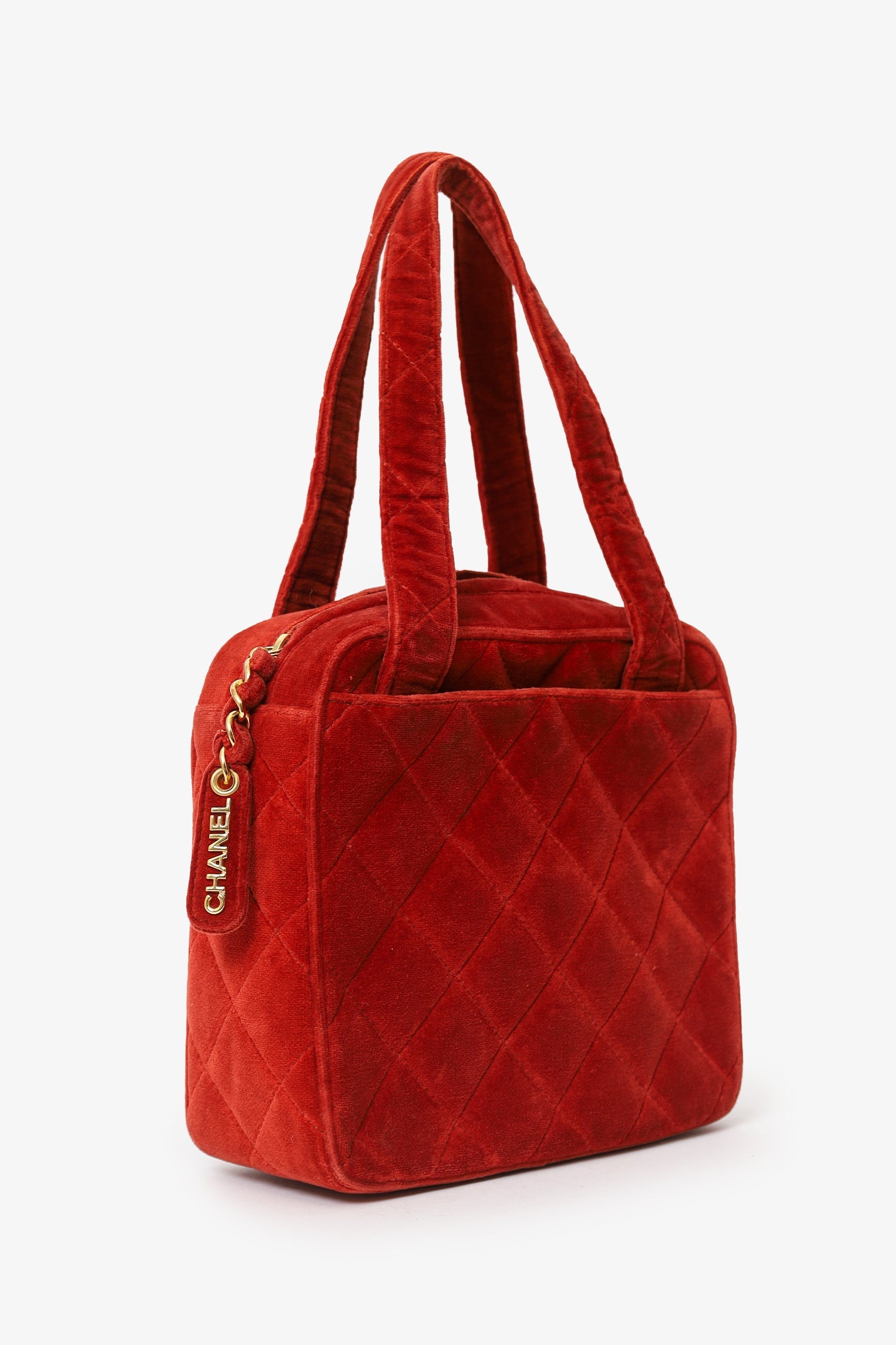 Chanel™ 1996-97 Red Velvet Quilted Mini Square Tote Bag