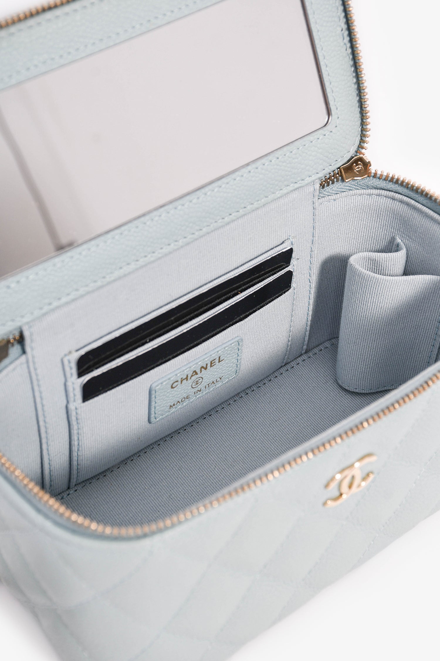 Chanel™ 2021 Blue Caviar Leather Quilted CC Vanity Top Handle Bag