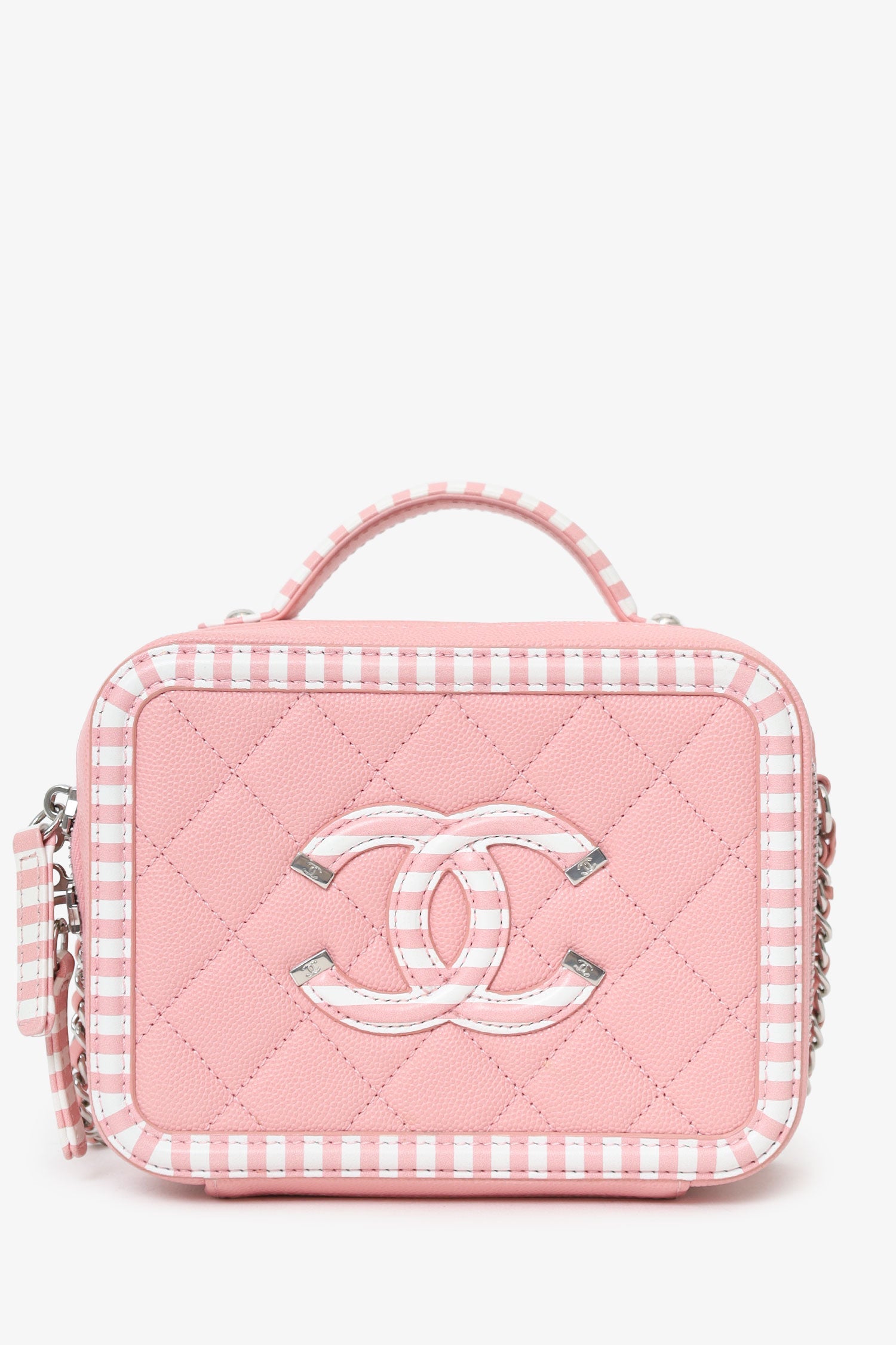 Chanel™ 2019 Pink/White Caviar Quilted Striped Small CC Filigree Vanity Case
