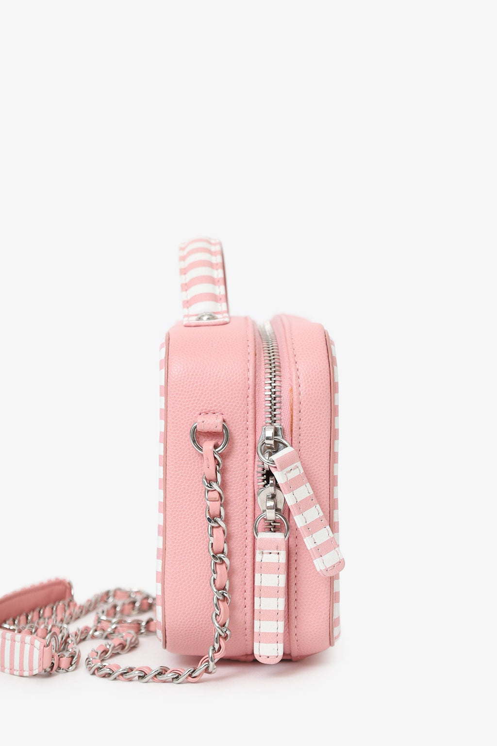 Chanel™ 2019 Pink/White Caviar Quilted Striped Small CC Filigree Vanity Case
