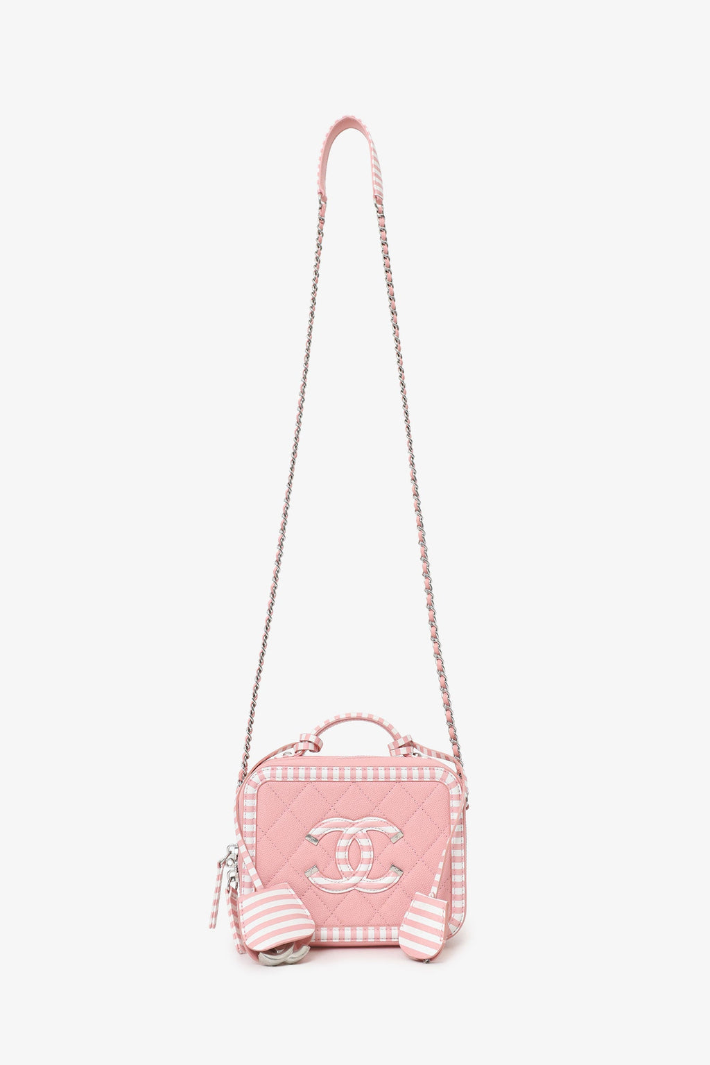 Chanel™ 2019 Pink/White Caviar Quilted Striped Small CC Filigree Vanity Case