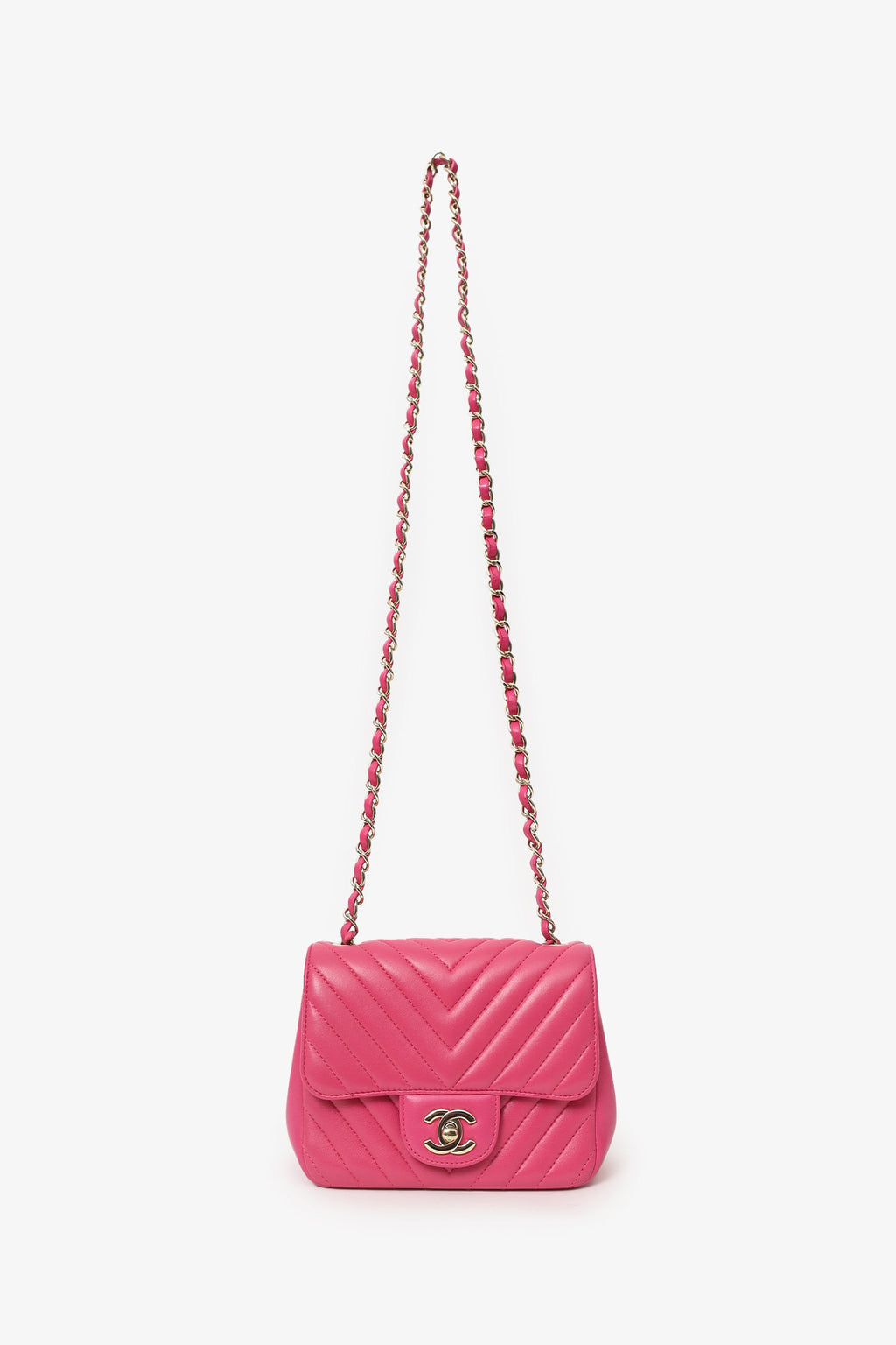 Chanel™ 2017/18 Pink Leather Chevron Mini Square Flap Bag