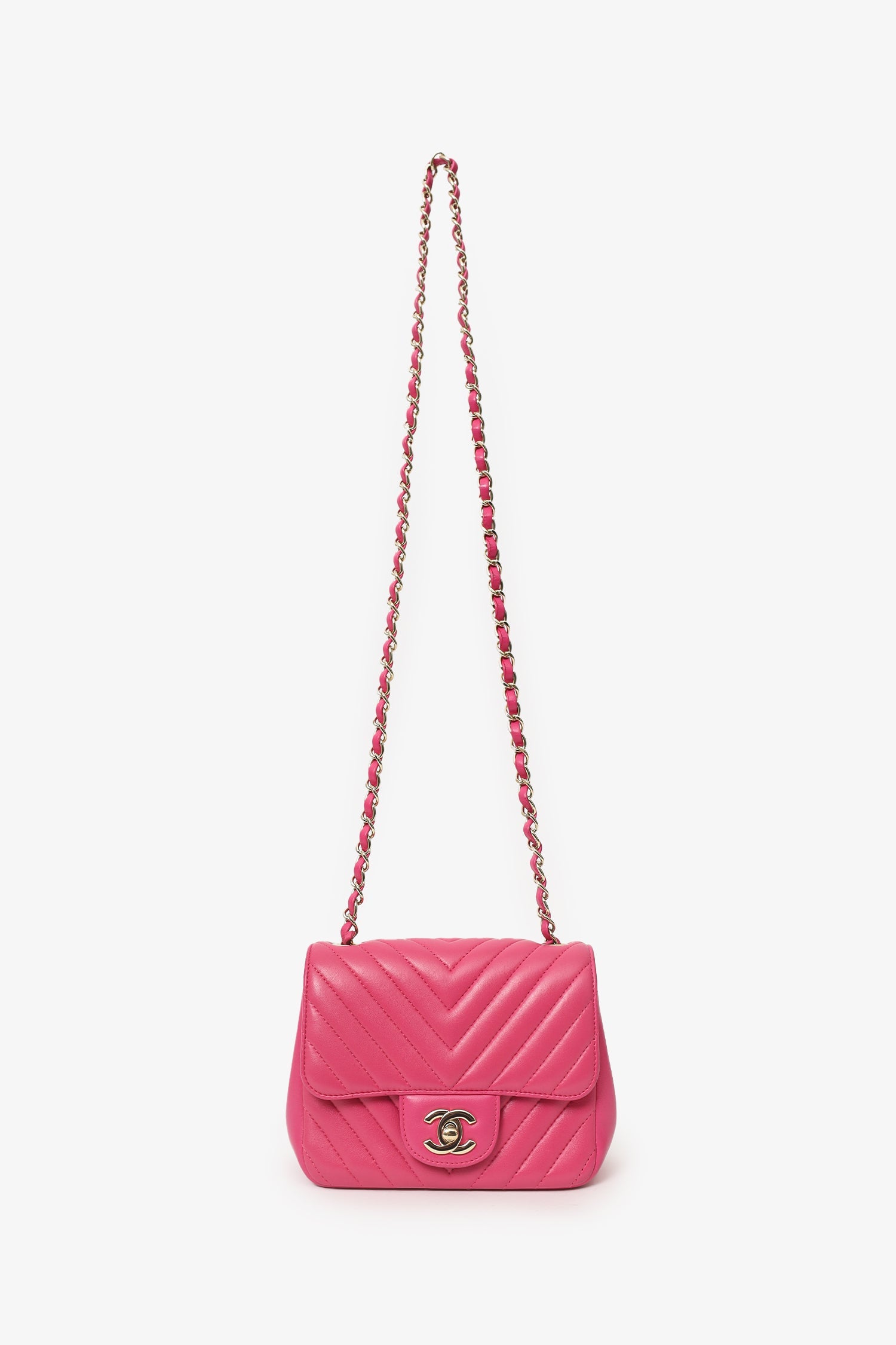 Chanel™ 2017/18 Pink Leather Chevron Mini Square Flap Bag