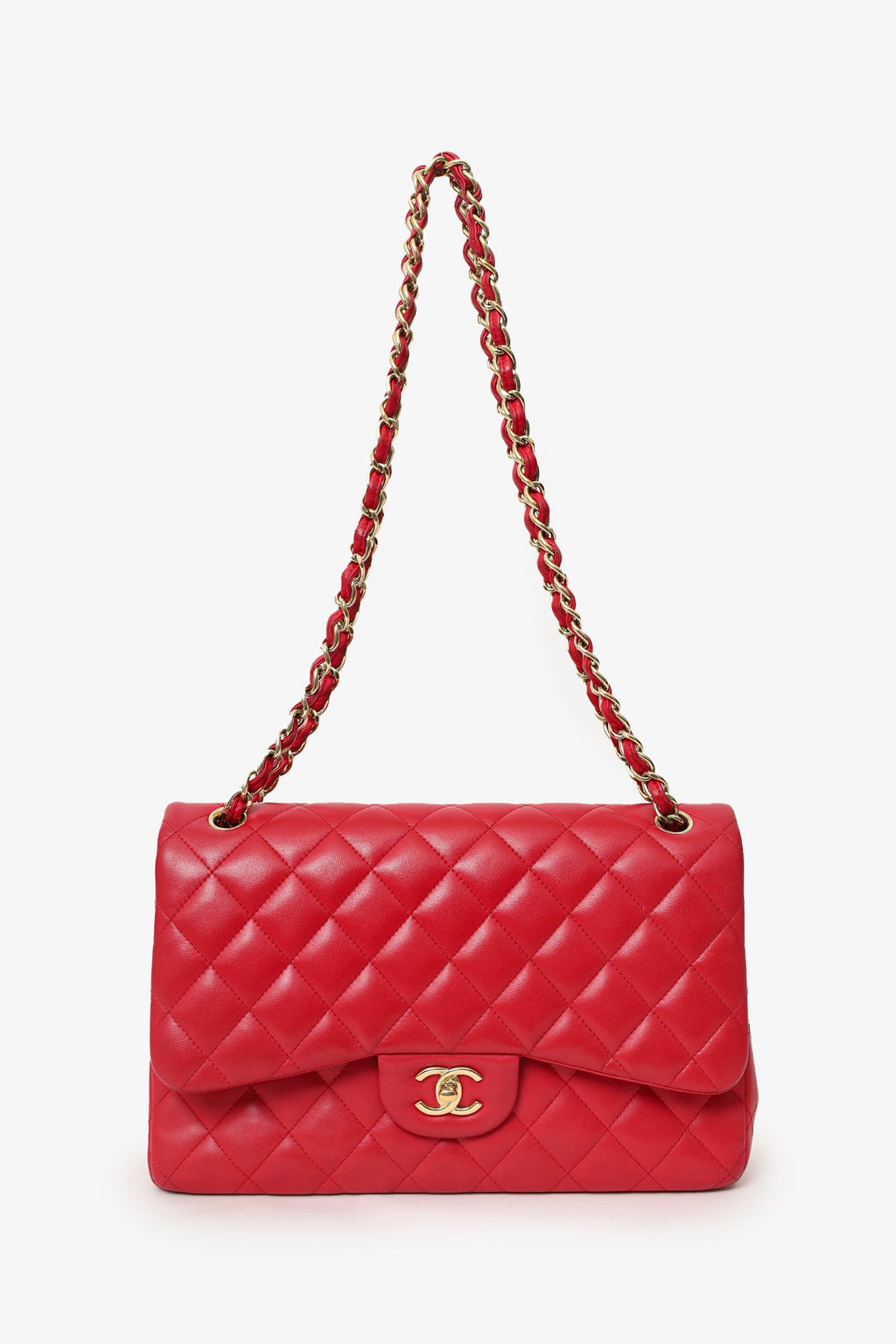 Chanel™ 2015-16 Red Lambskin Quilted Classic Jumbo Flap Bag