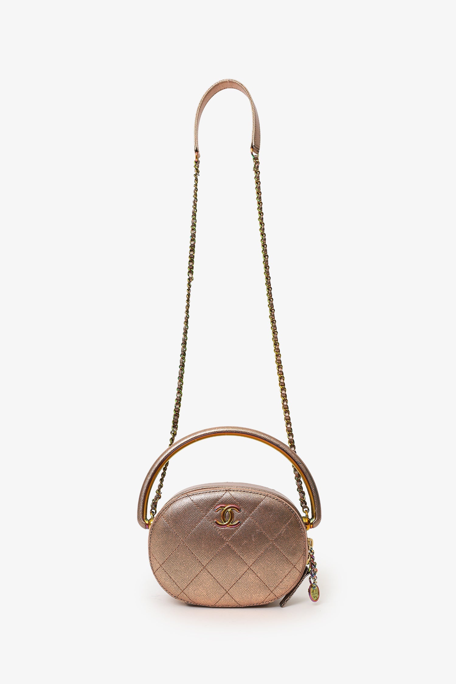 Chanel™ 2019 Brown Metallic Quilted Caviar Egyptian Amulet Top Handle Camera Case