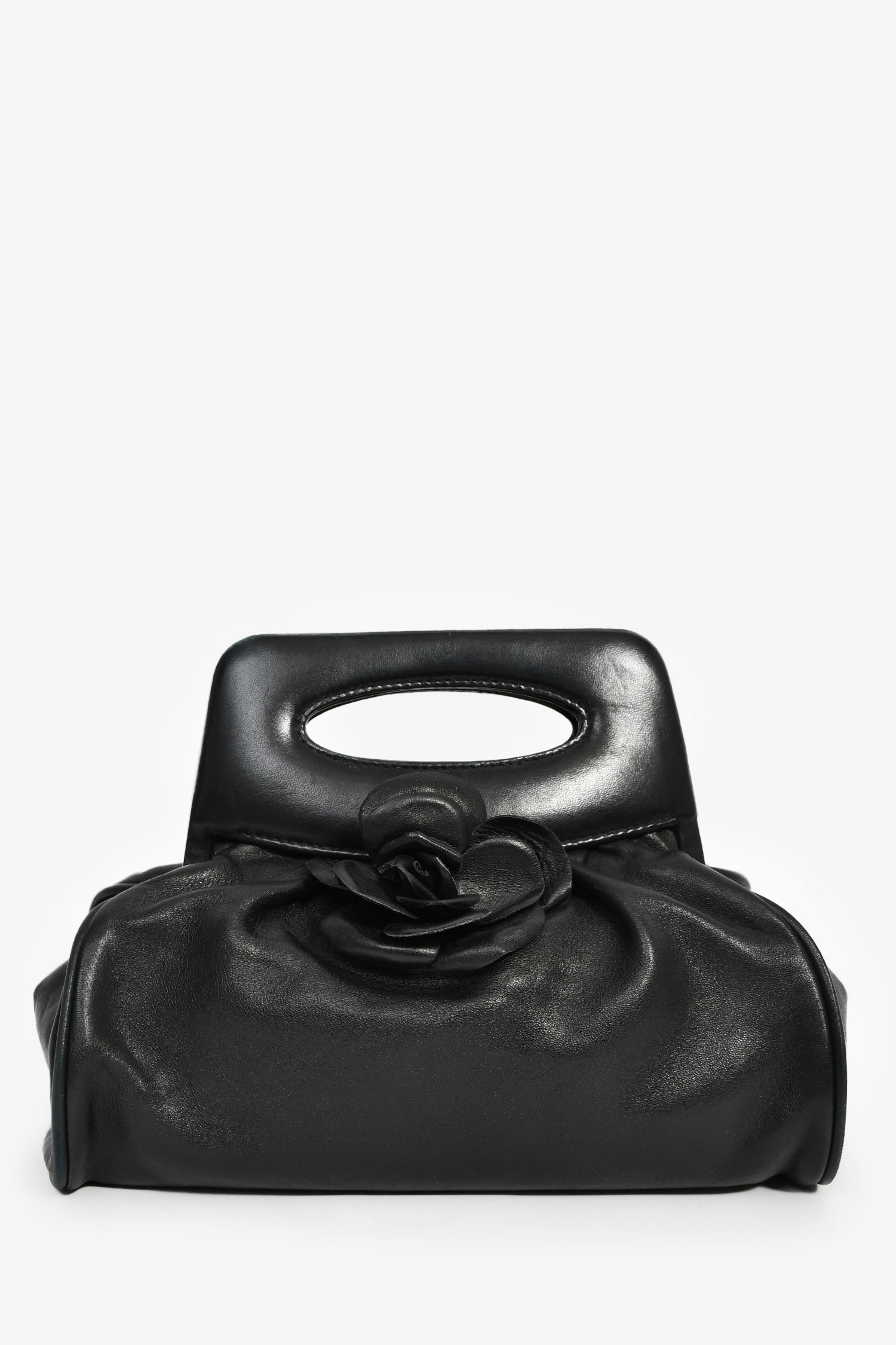 Chanel™ Vintage Black Leather Camellia Frame Clutch Bag