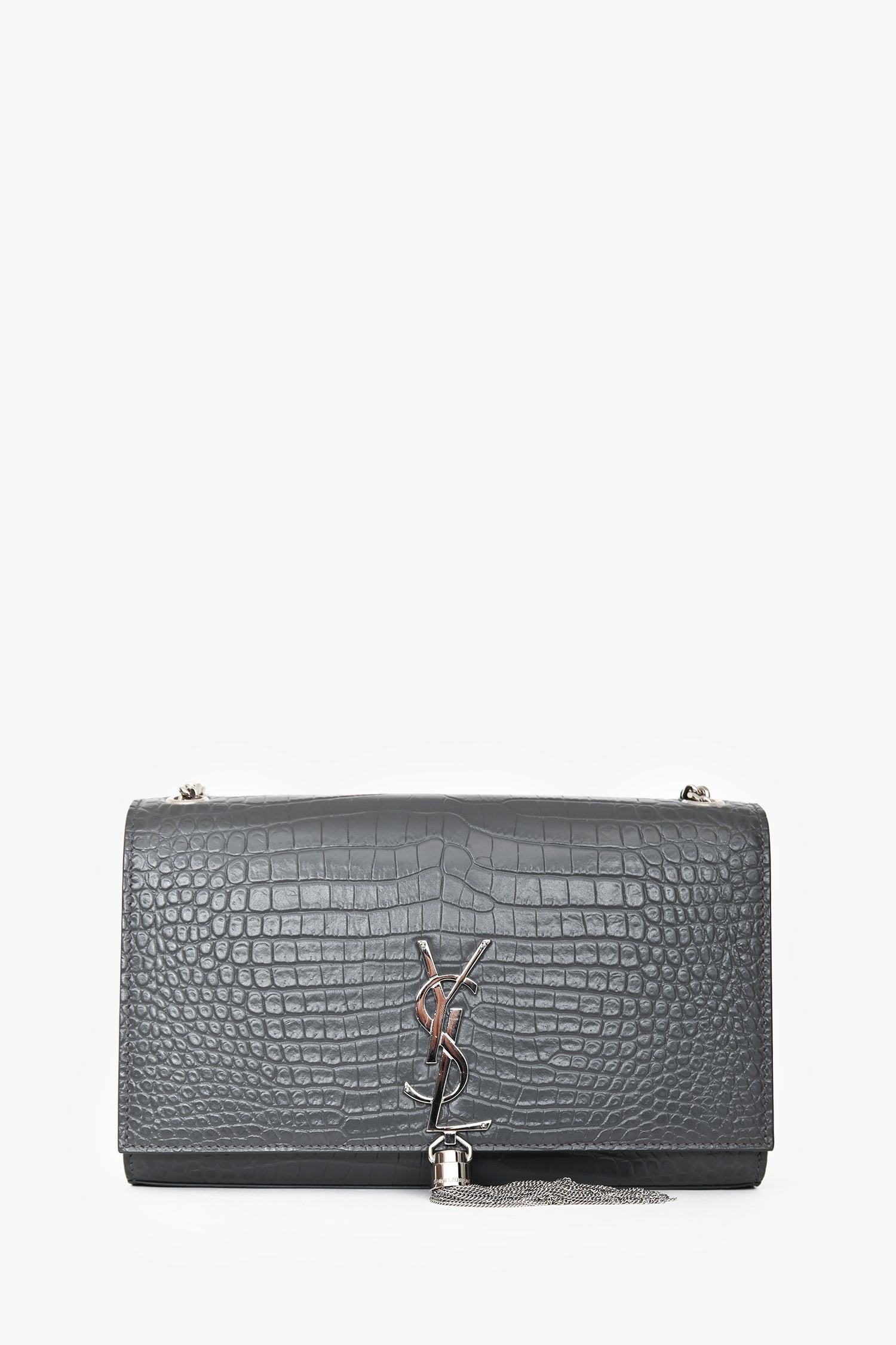 Saint Laurent Grey Croc Embossed Medium 'Kate' Shoulder Bag