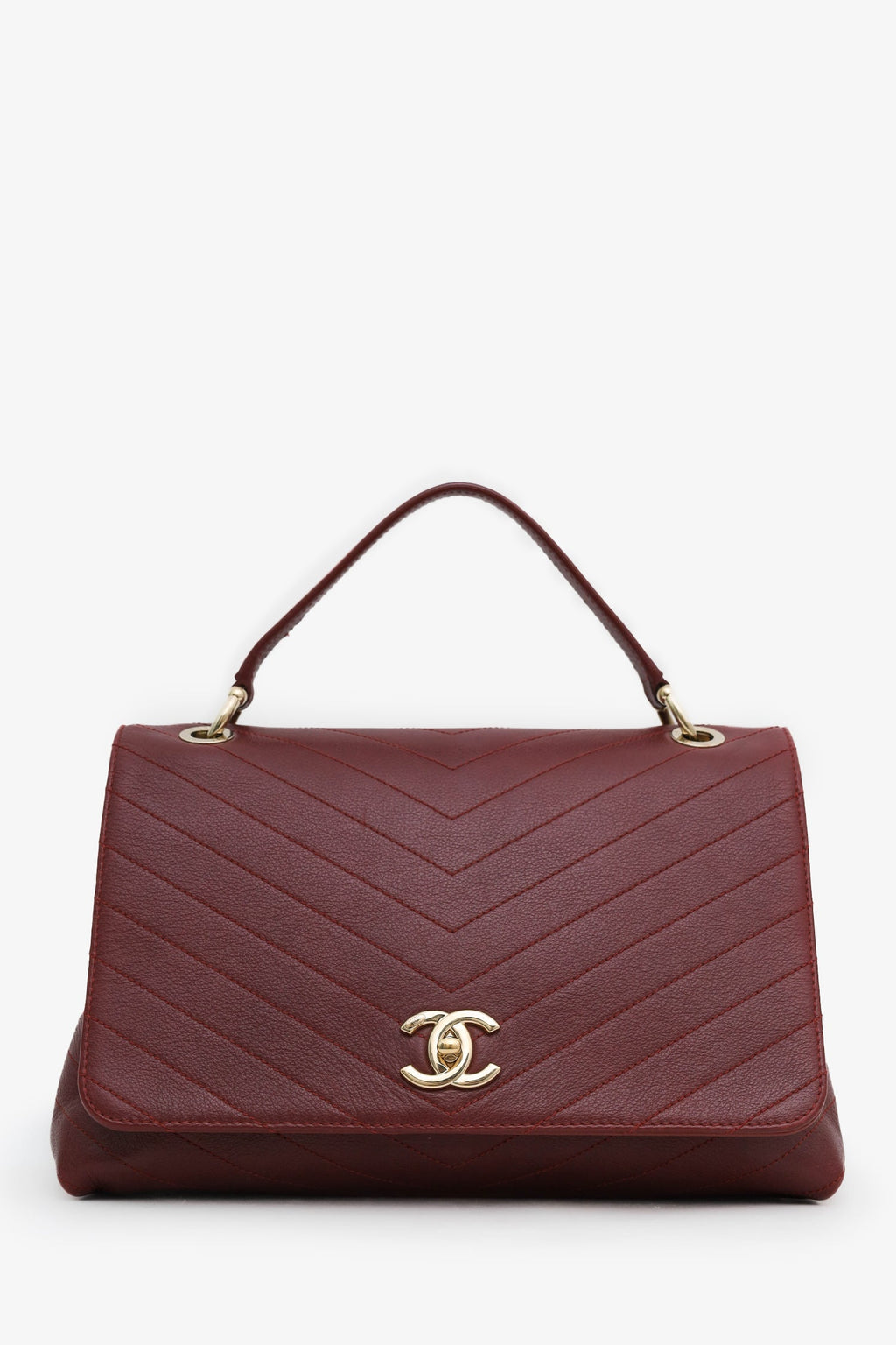Chanel™ Burgundy Grained Calfskin Stitched Chevron Medium Chic Top Handle