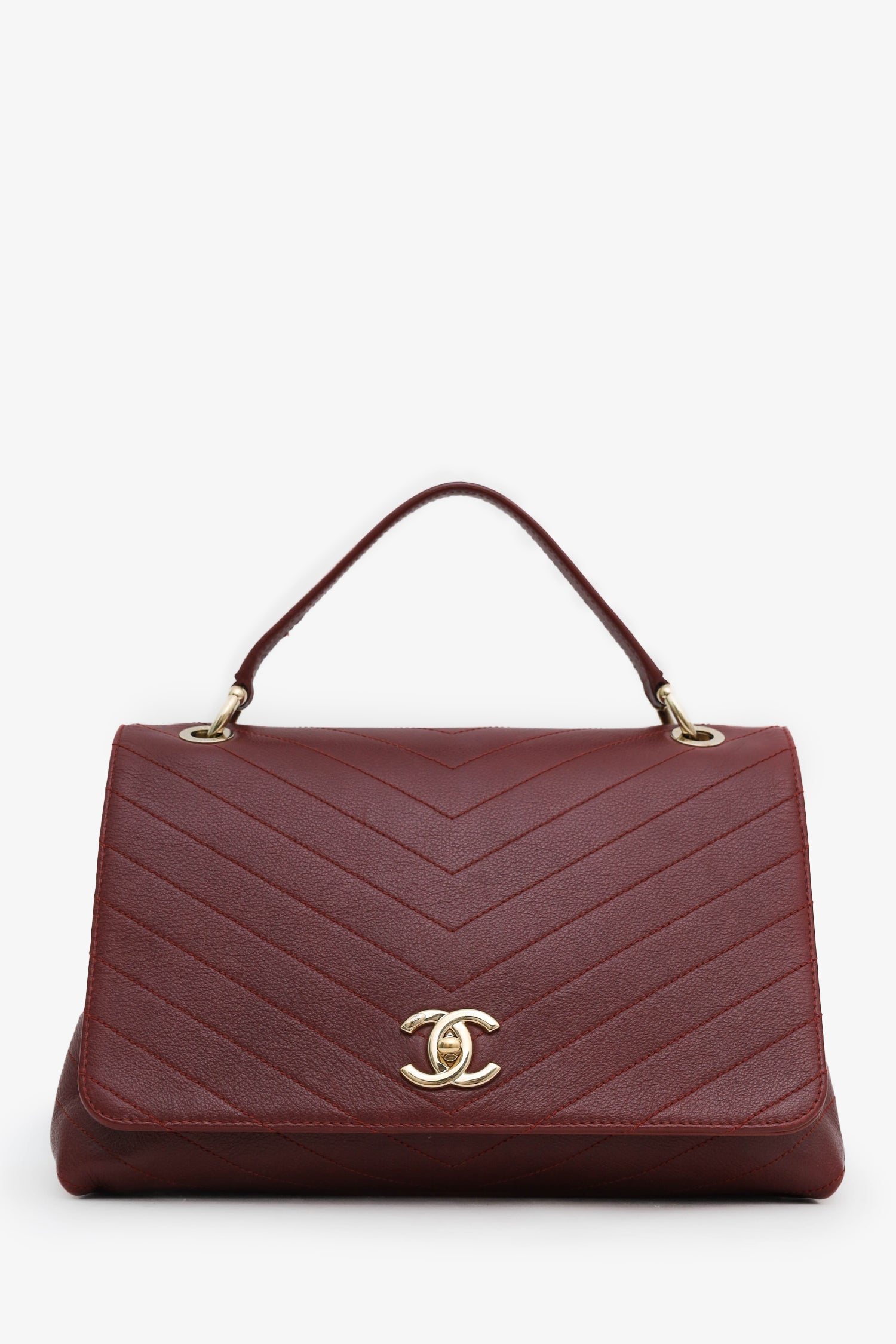 Chanel™ Burgundy Grained Calfskin Stitched Chevron Medium Chic Top Handle