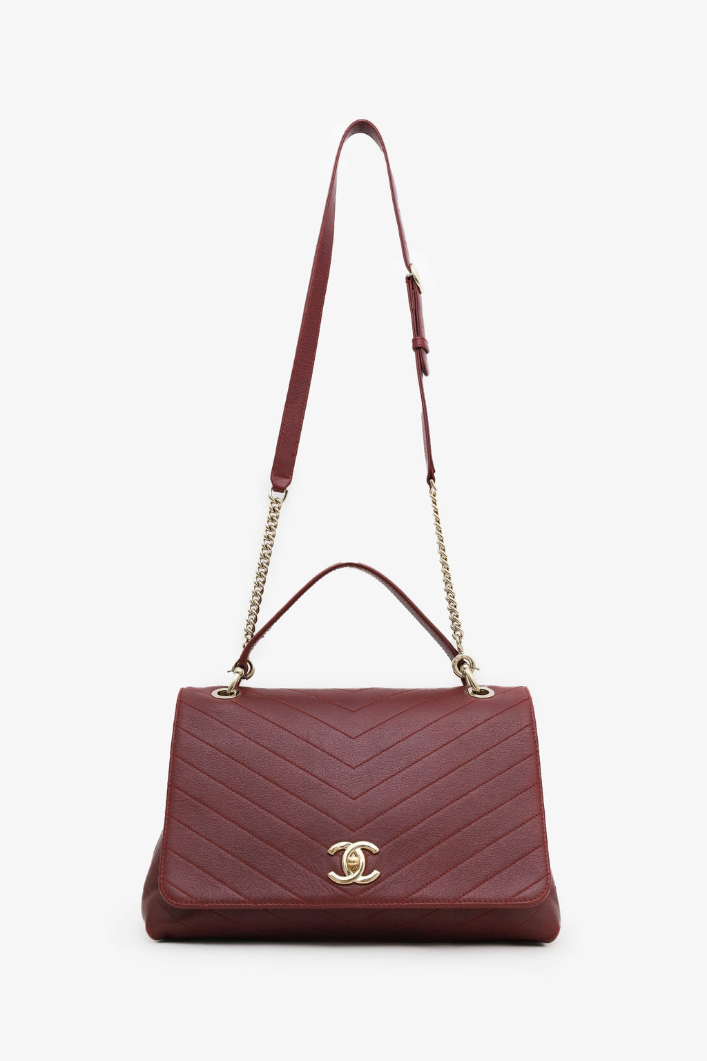 Chanel™ Burgundy Grained Calfskin Stitched Chevron Medium Chic Top Handle