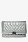 Chanel™ 2016 Silver Metallic Caviar Leather Chevron Wallet on Chain