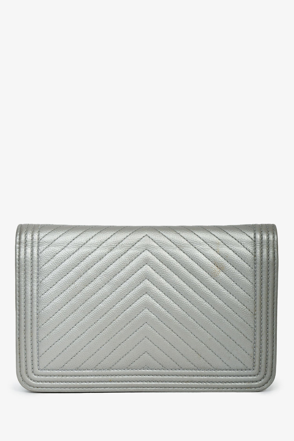 Chanel™ 2016 Silver Metallic Caviar Leather Chevron Wallet on Chain