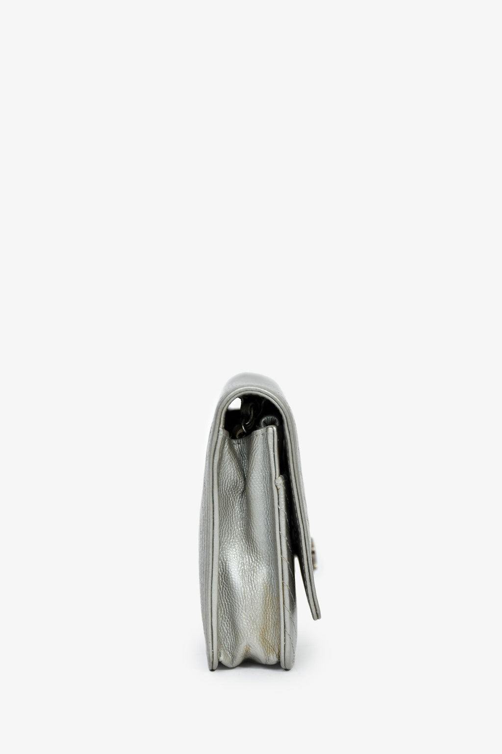 Chanel™ 2016 Silver Metallic Caviar Leather Chevron Wallet on Chain