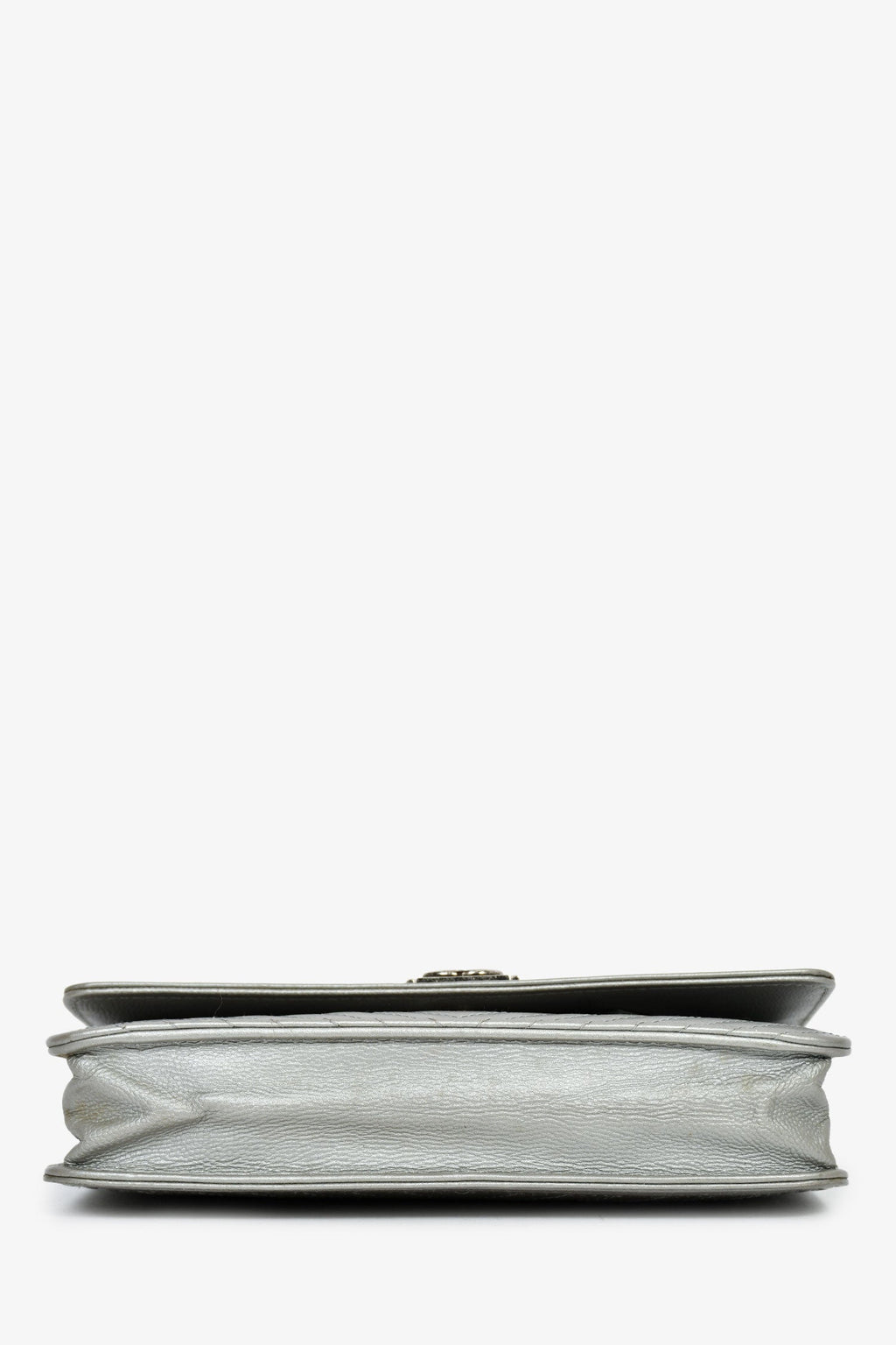 Chanel™ 2016 Silver Metallic Caviar Leather Chevron Wallet on Chain