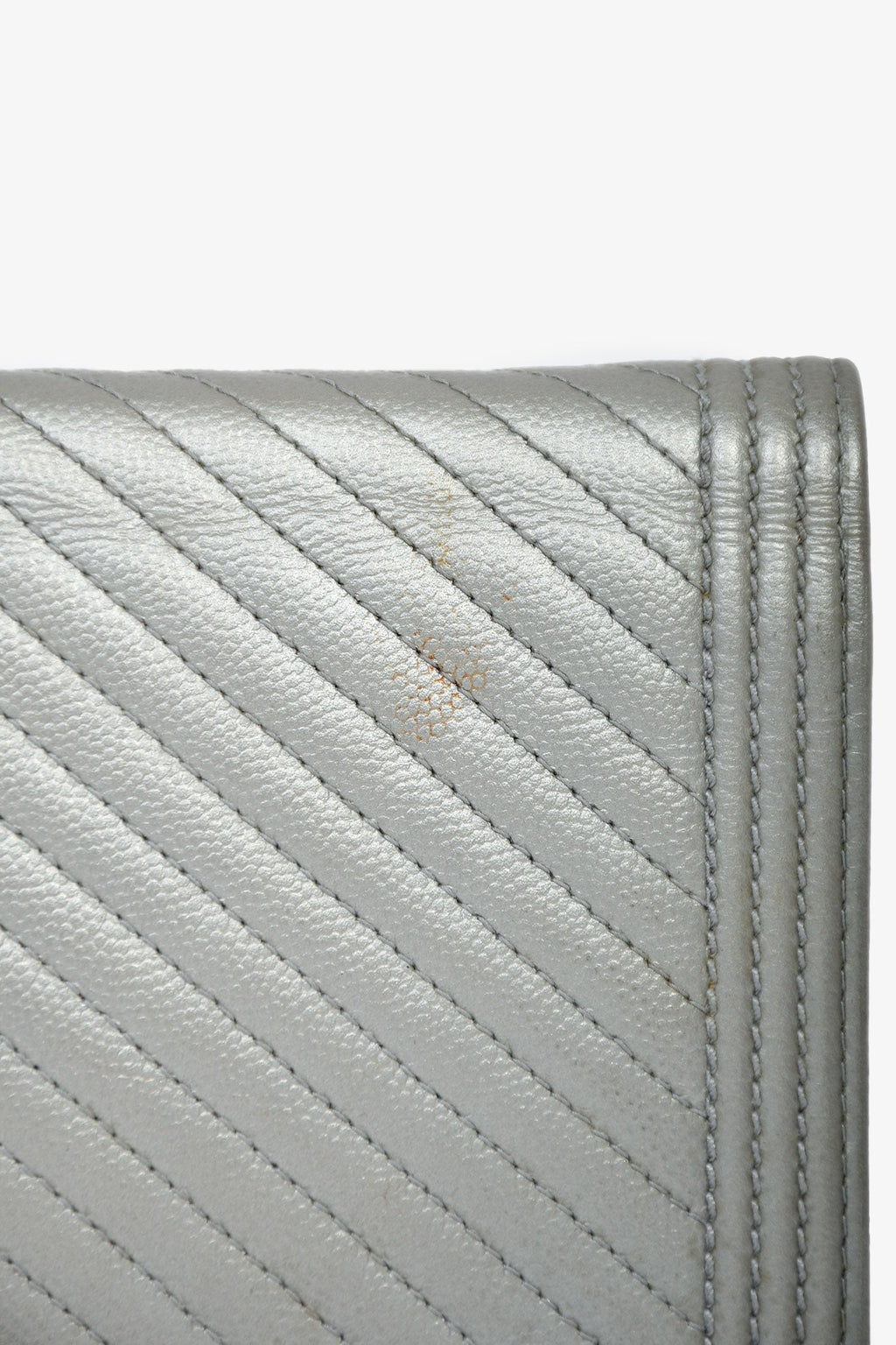 Chanel™ 2016 Silver Metallic Caviar Leather Chevron Wallet on Chain