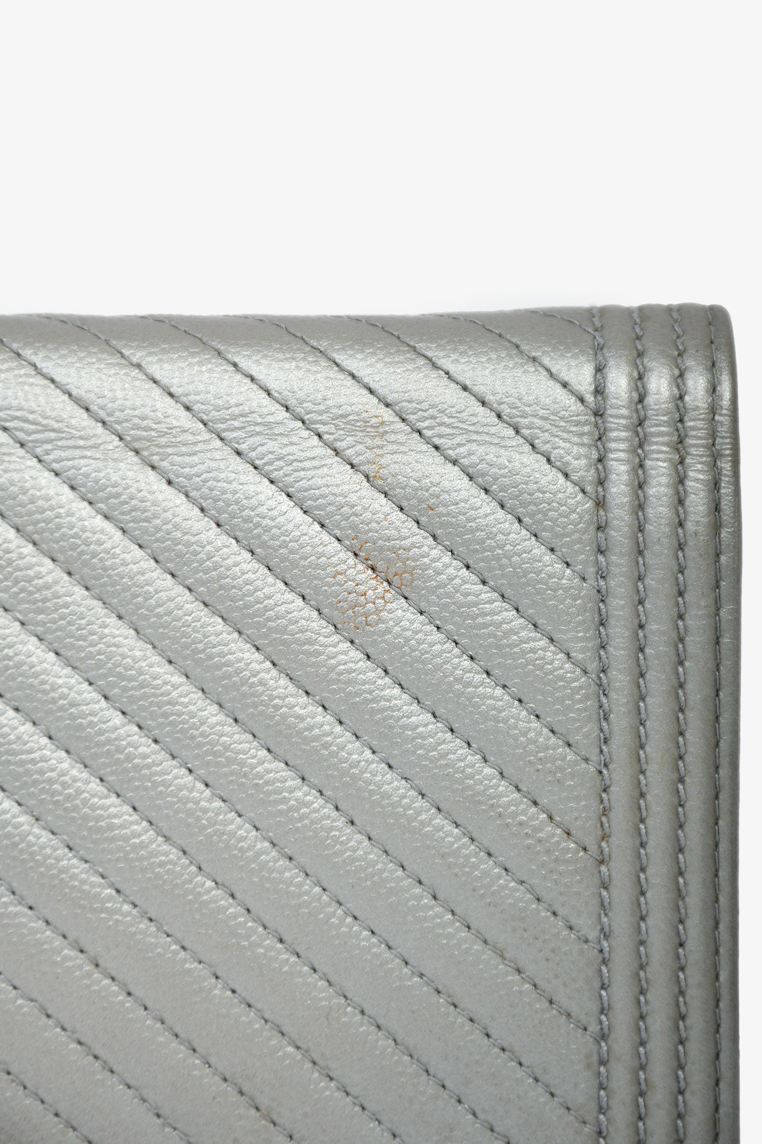 Chanel™ 2016 Silver Metallic Caviar Leather Chevron Wallet on Chain