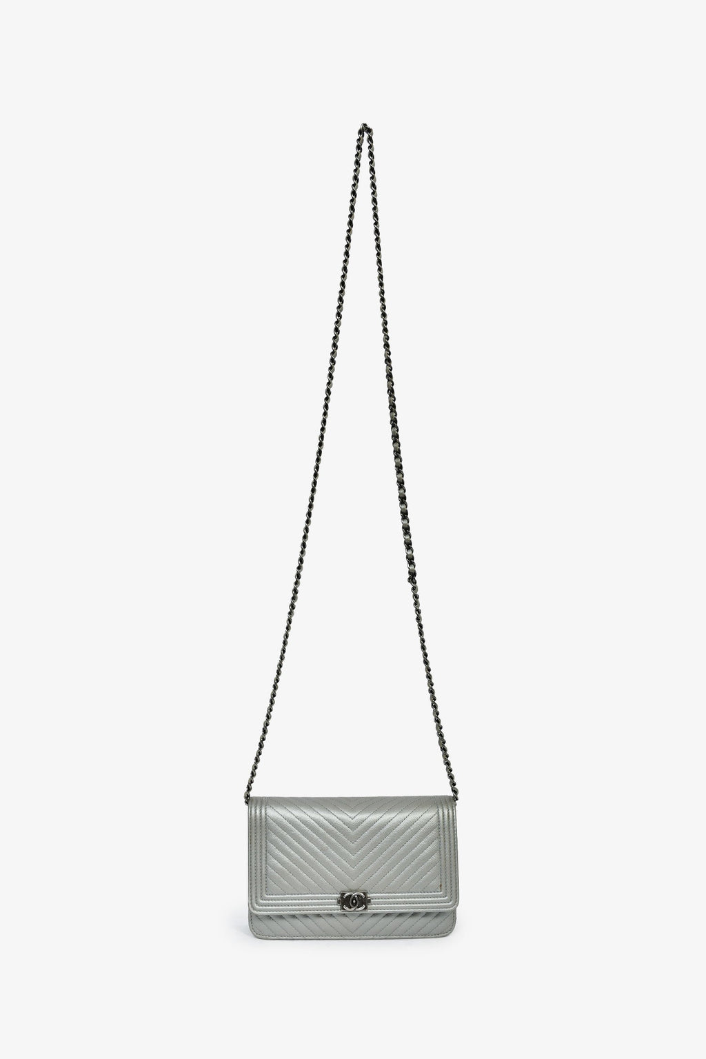 Chanel™ 2016 Silver Metallic Caviar Leather Chevron Wallet on Chain