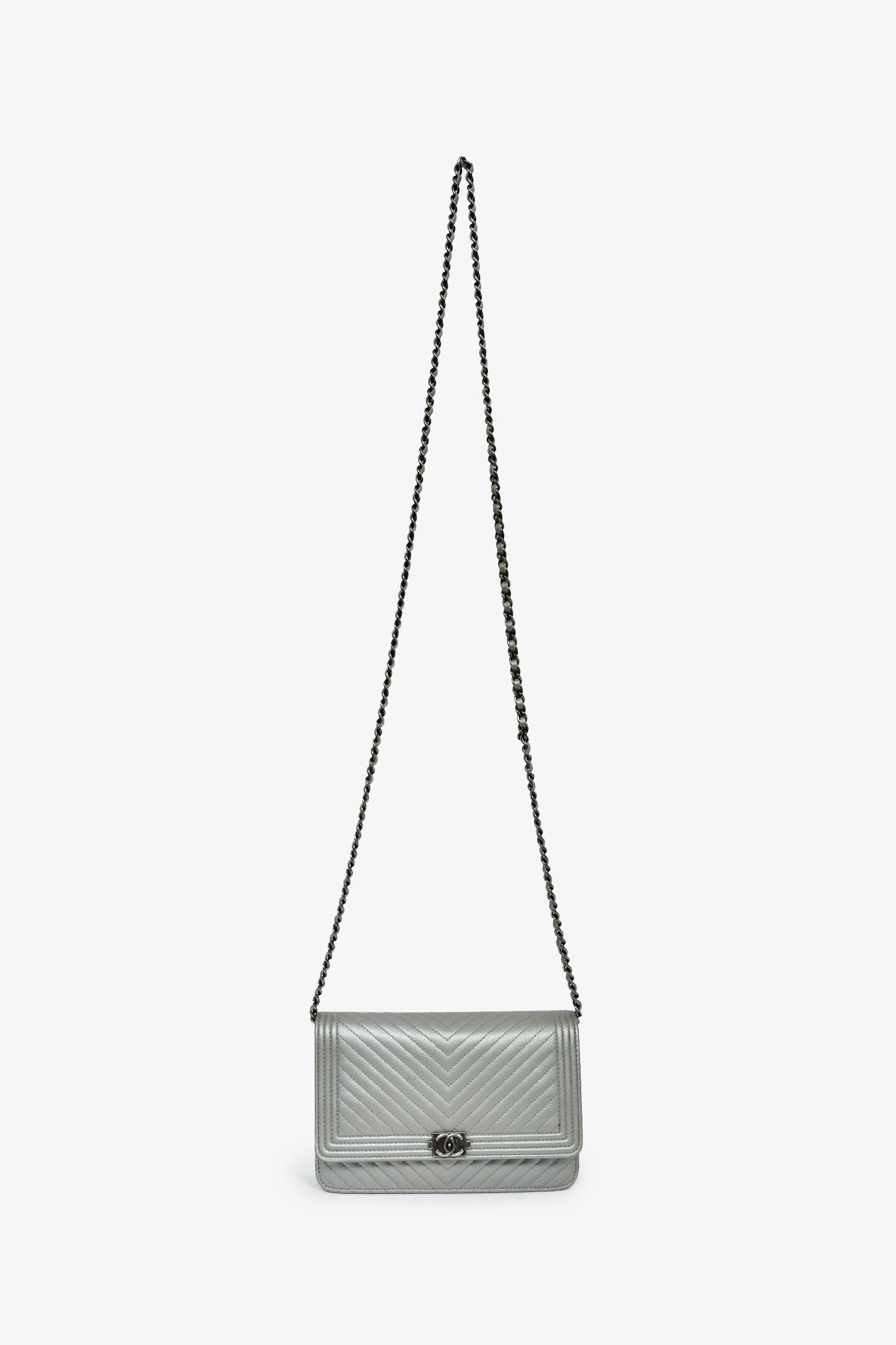 Chanel™ 2016 Silver Metallic Caviar Leather Chevron Wallet on Chain