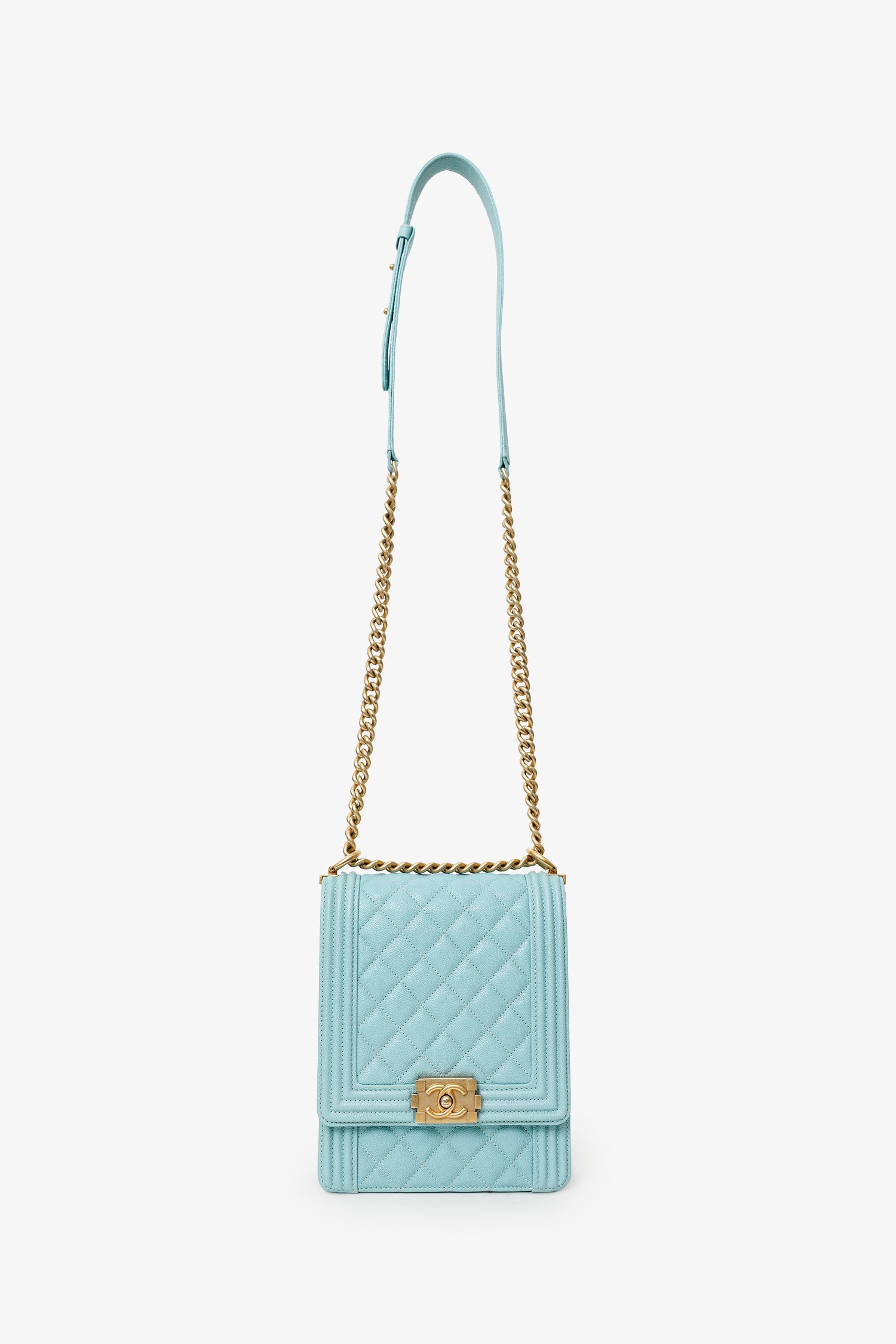 Chanel™ 2019 Teal Green Leather North/South Boy Shoulder Bag