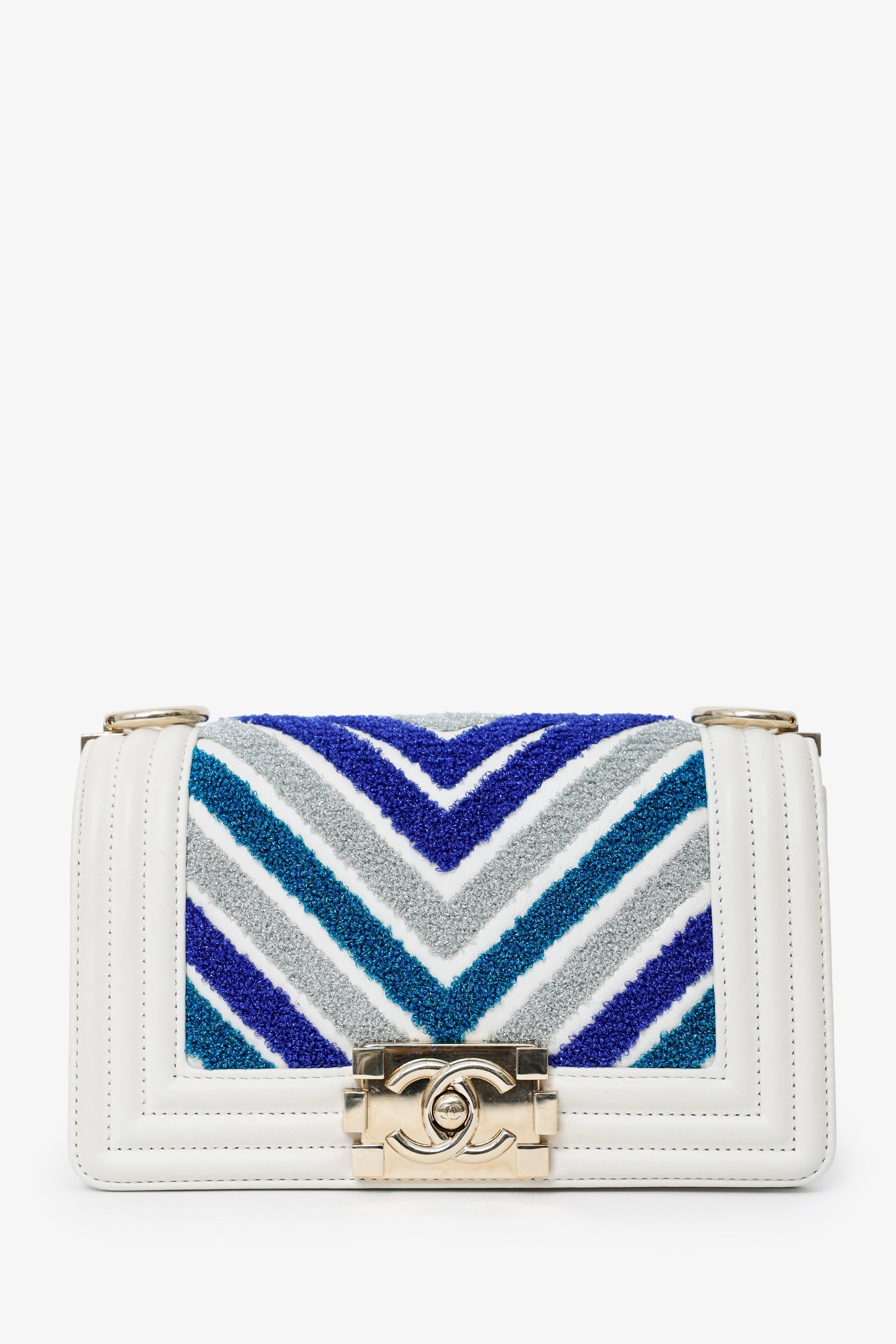 Chanel™ 2019 White/Blue Chevron Small Boy Shoulder Bag